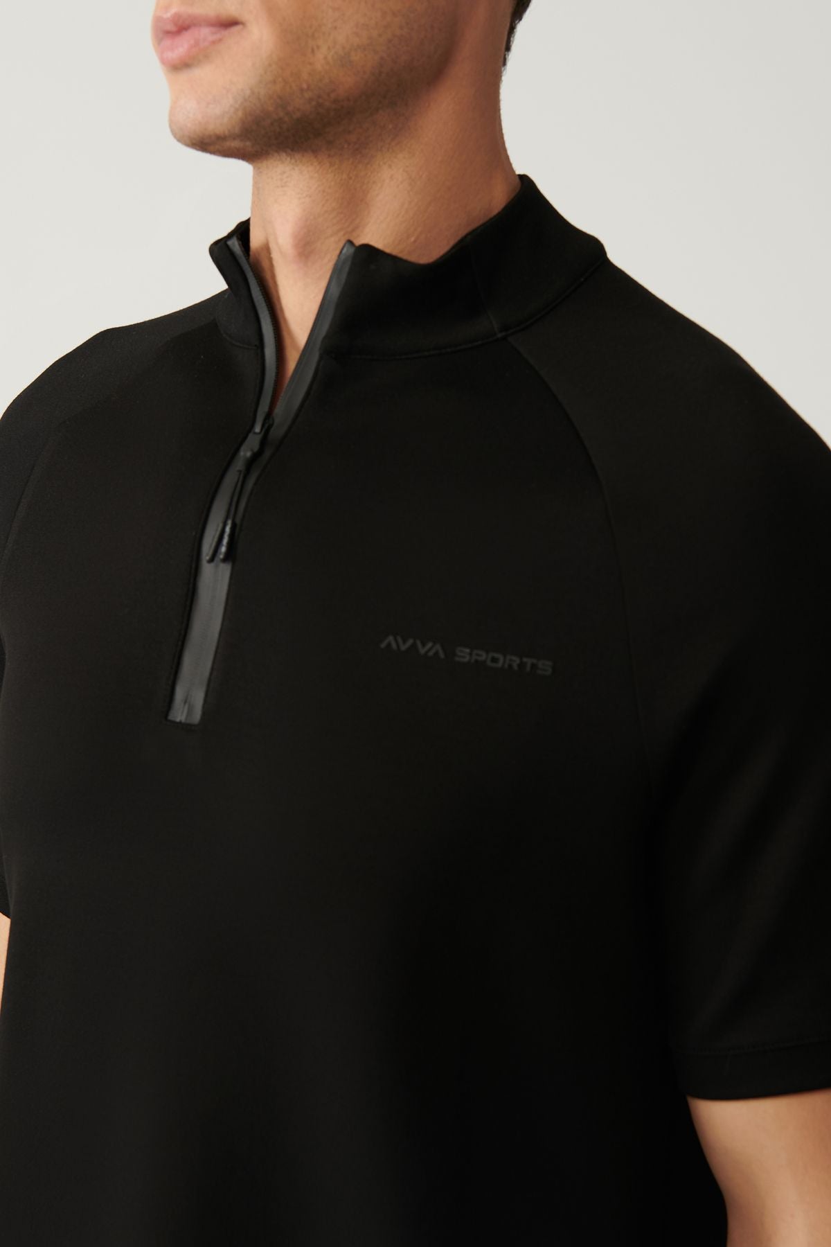 Men's black upright collar half zipper printed T-shirt A41y1312