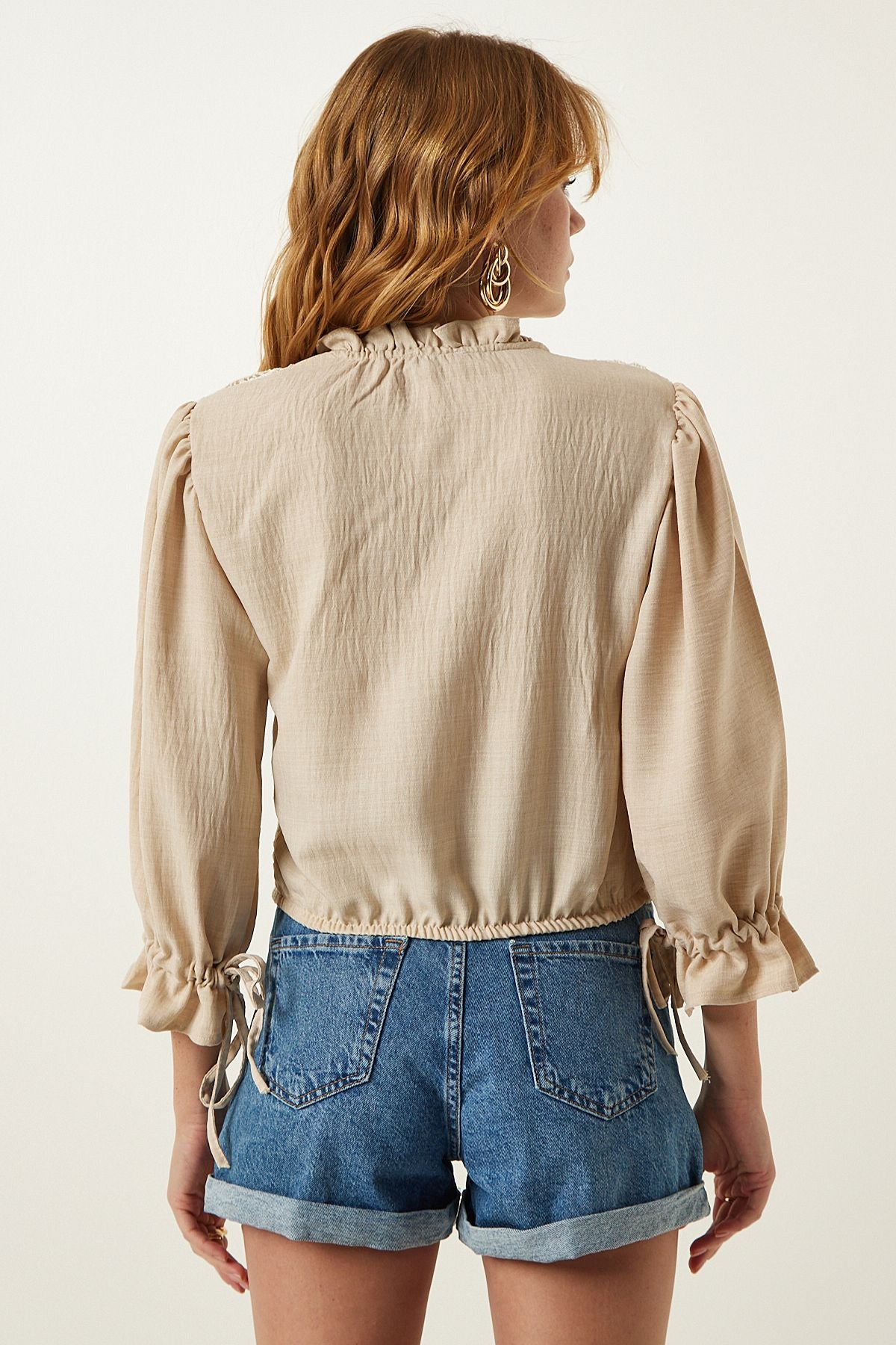 Female beige lace detailed weaving linen blouse TP00024