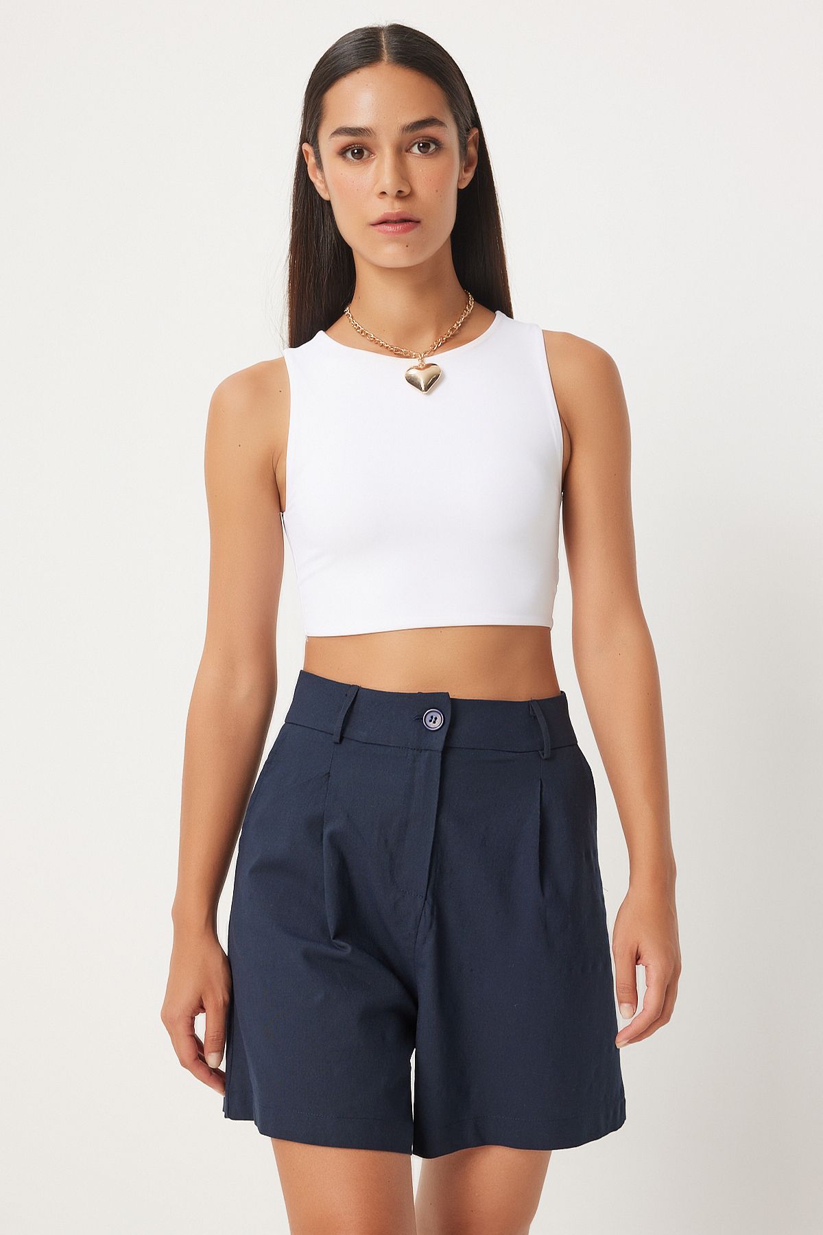 Female navy blue pleated viscose shorts to00146