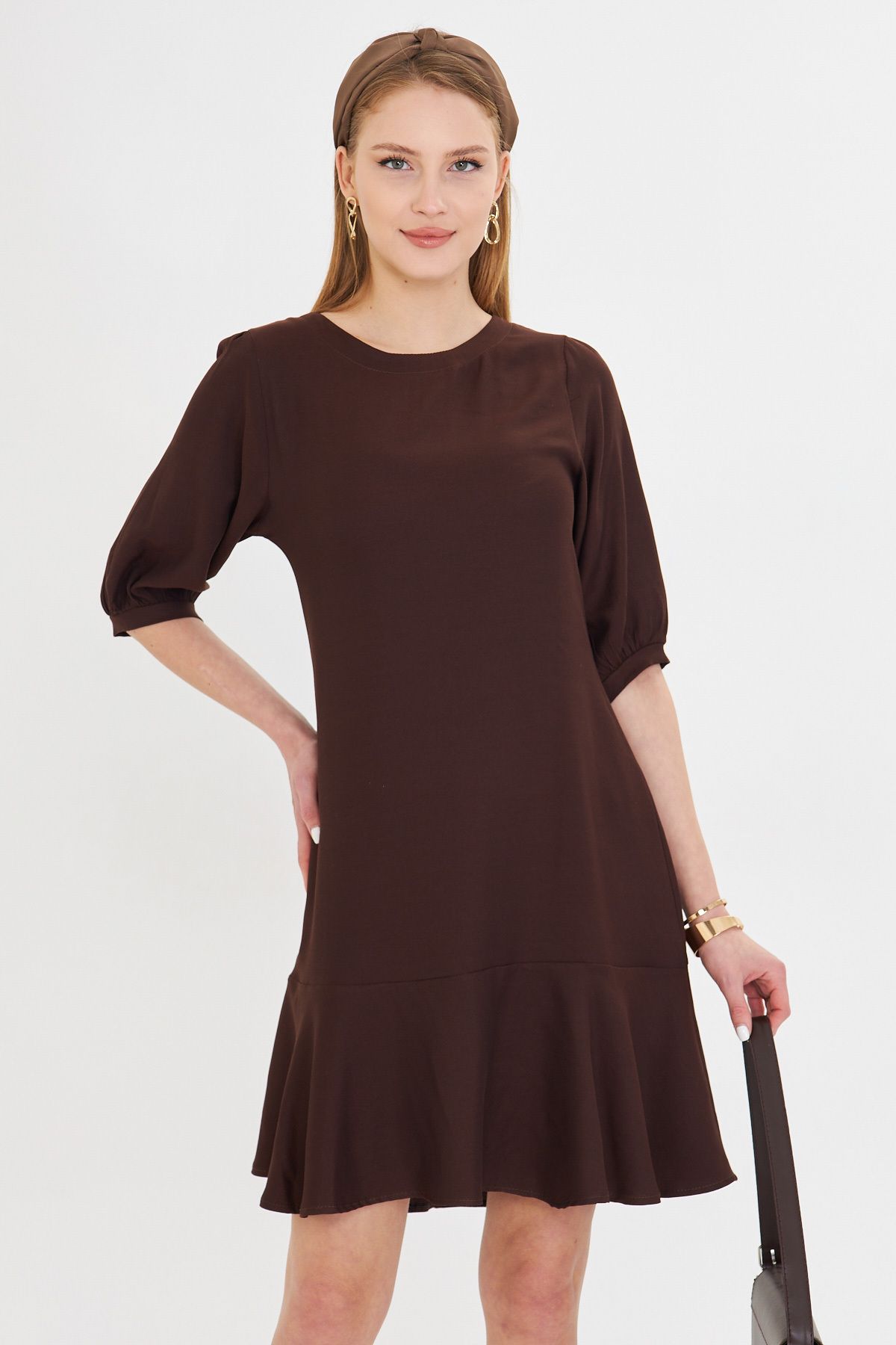 Female Coffee Zero Collar Quarter Sleeve Skirt Flane Dress ARM-25Y001007