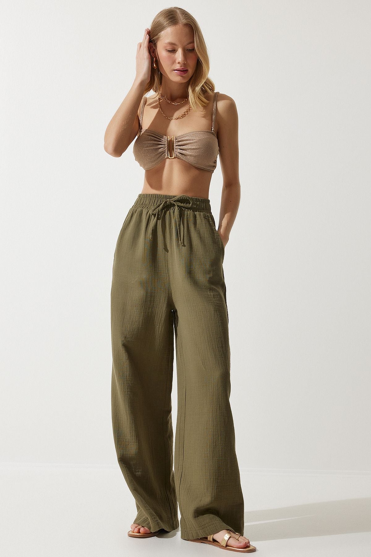 Woman Khaki Muslin Palazzo Pants MX00160