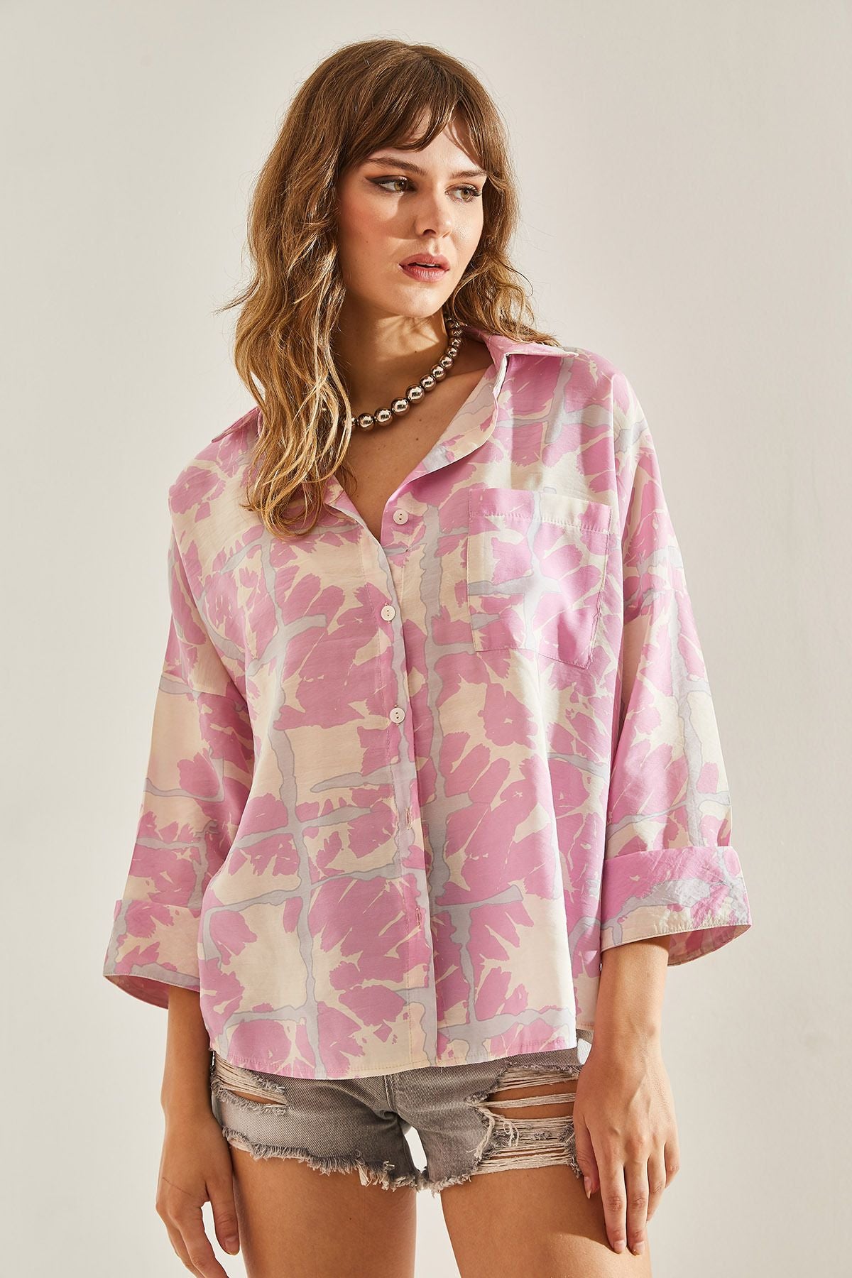 Female Single Cep Patterned Viscose Oversize Shirt 60251142