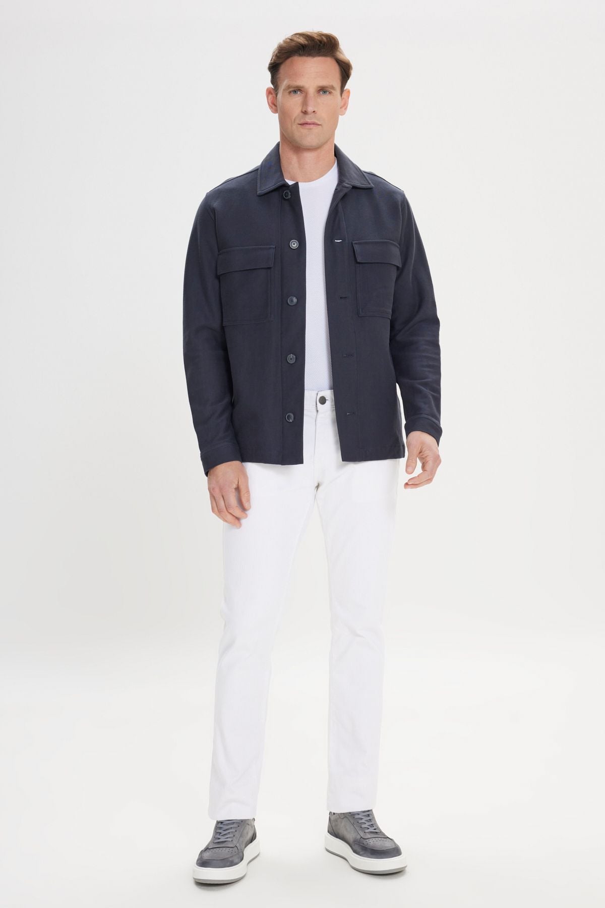 Men's navy blue standard fit normal cut shirt collar 100 %cotton coat