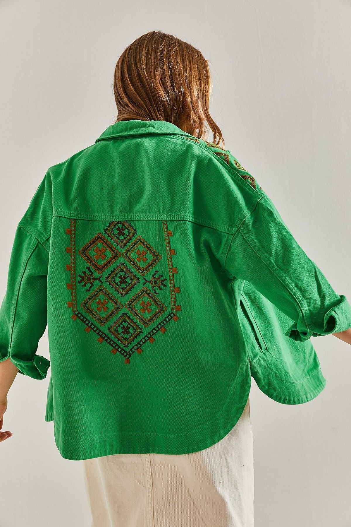 Woman Ethnic Embroidery Patterned Gabardin Jacket