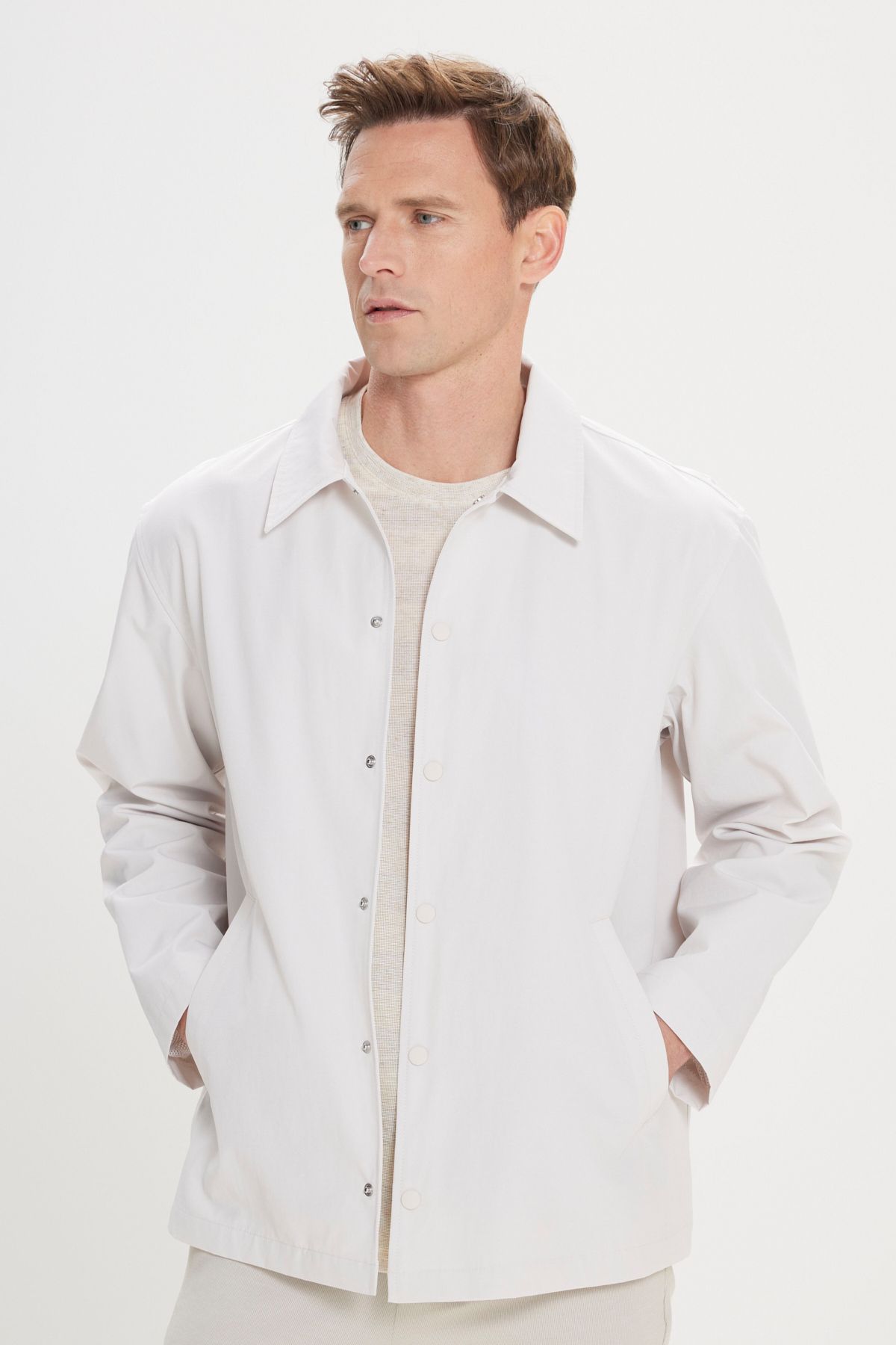 Men's Beige Standard Fit Normal Normal Cut Shirt Caple Cake Casual Coat