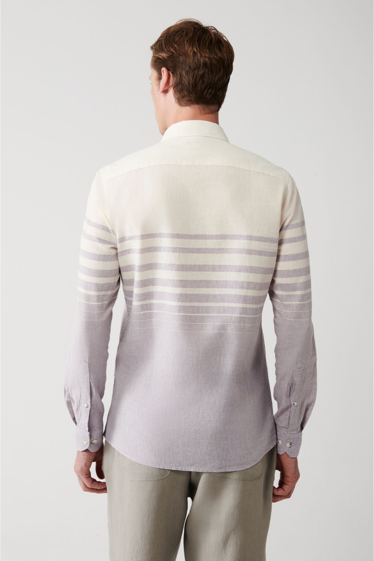 Men's light purple cotton linen mixed striped shirt A31y2268