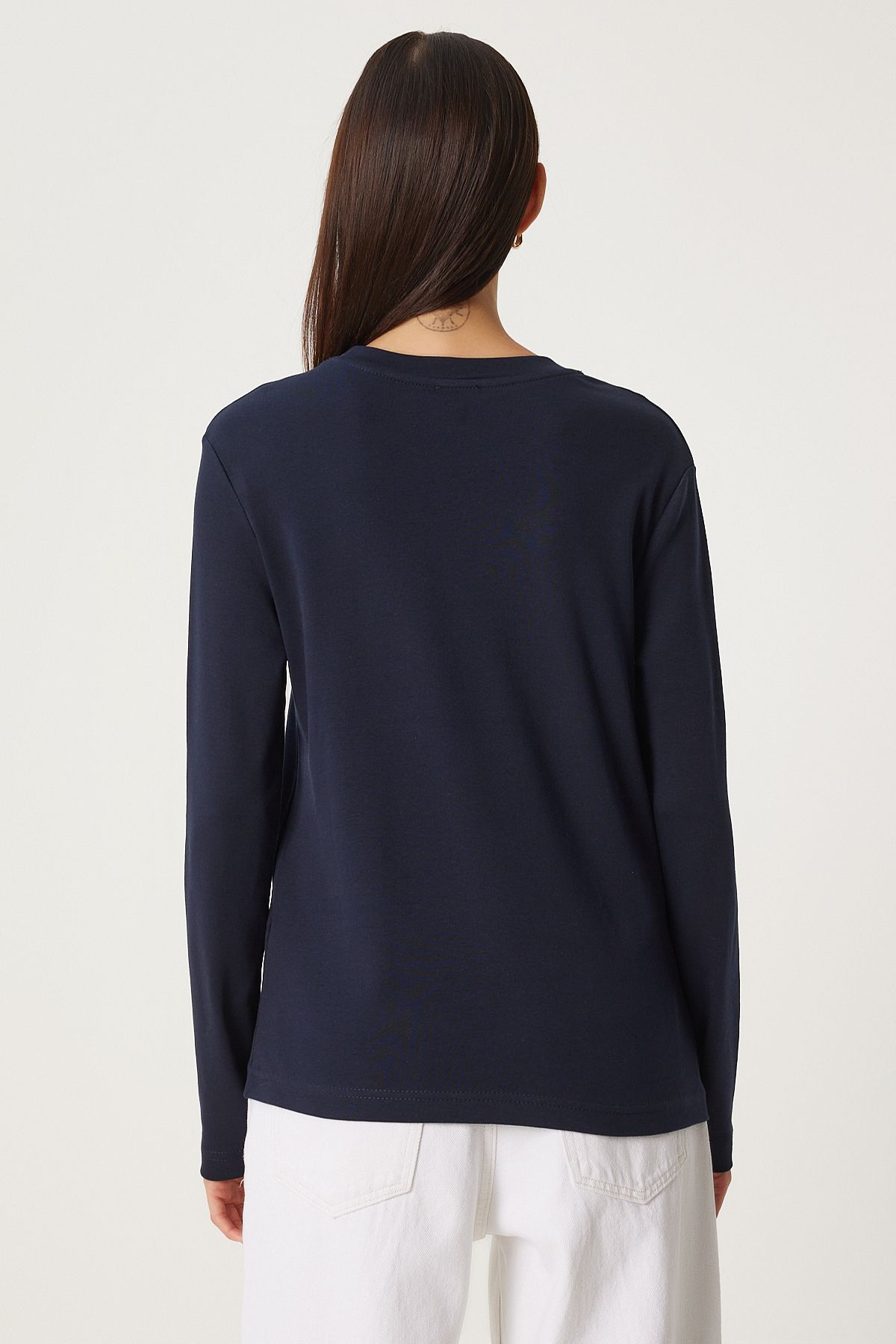 Woman Navy Blue Cotton Basic Knitting Blouse NJ00155