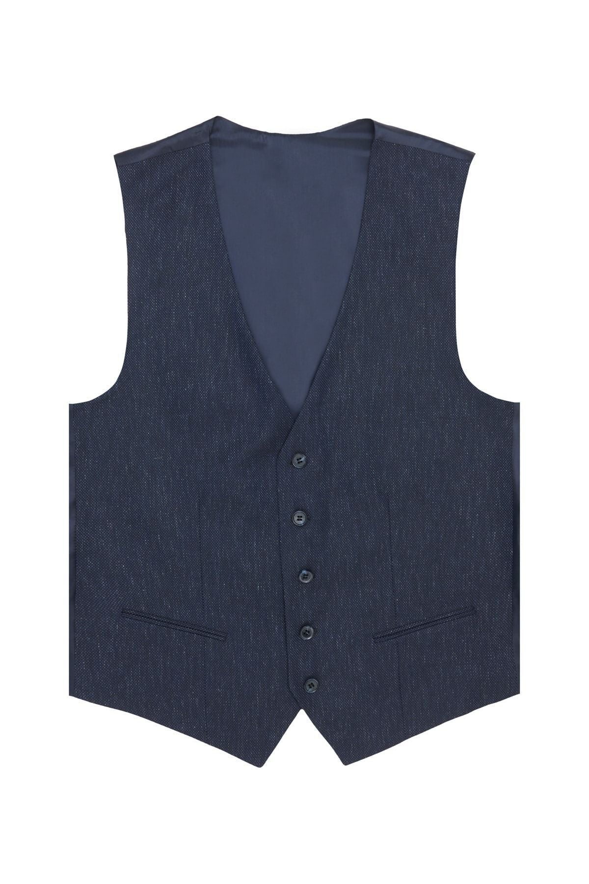 Men's dark navy blue slim fit narrow cutting mono collar patterned vest suit suits