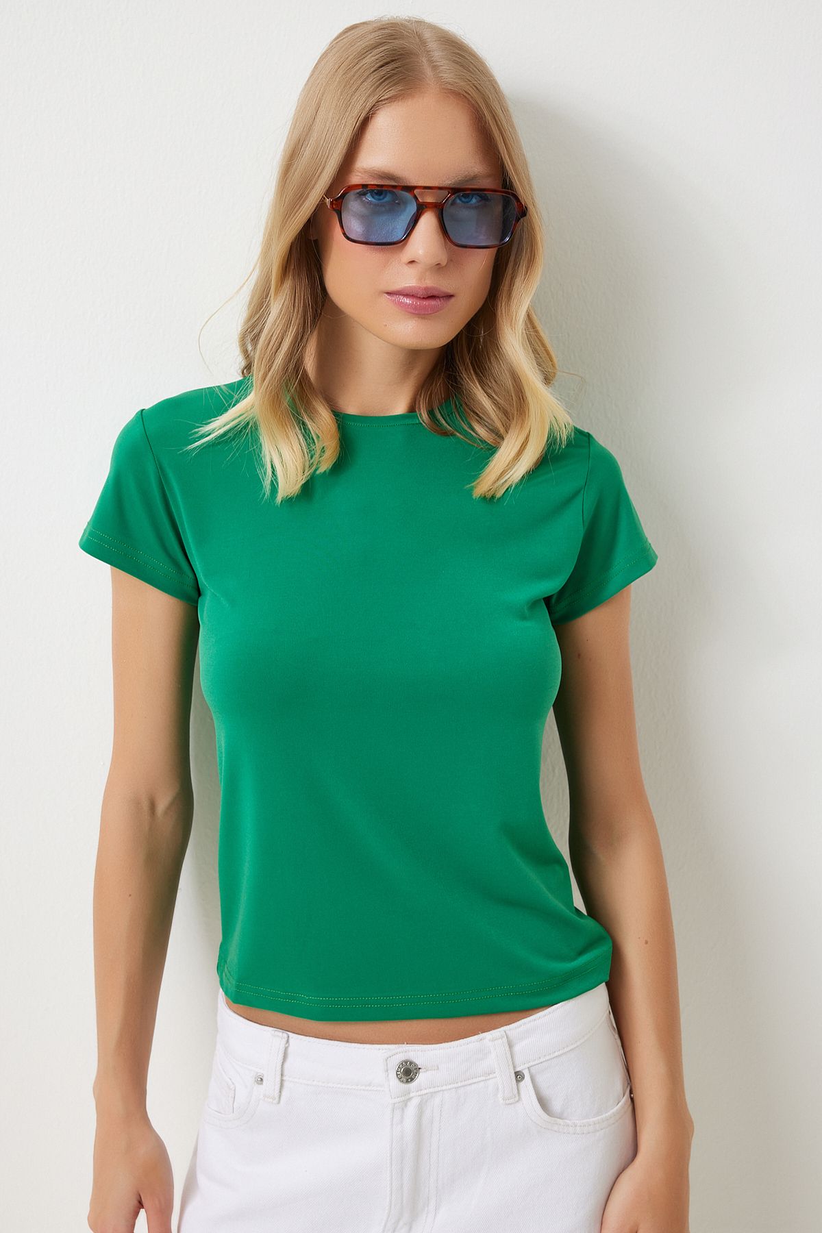 Woman Dark Green Bicycle Collar Basic Sandy T-Shirt EN00611