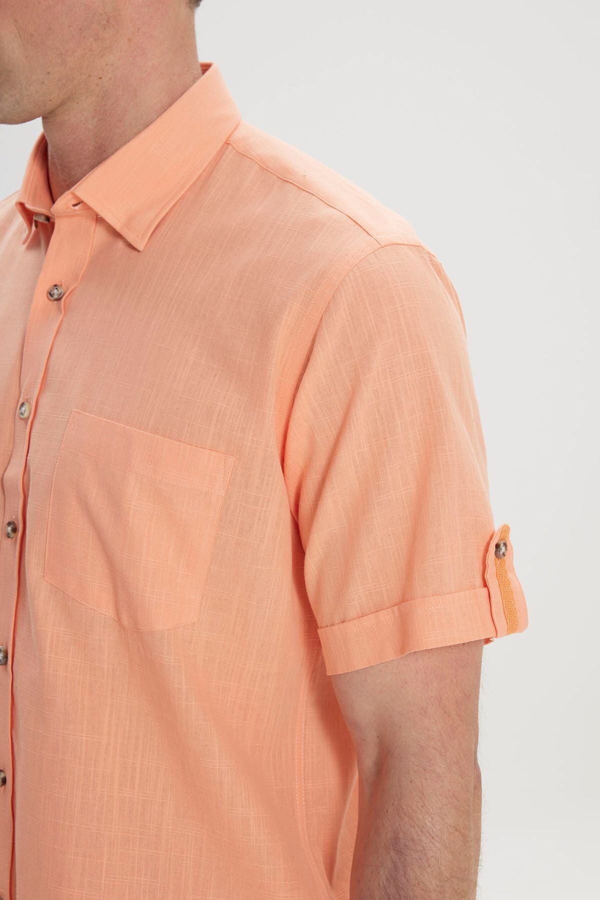 Men's Orange Comfort Fit Casual Cutting Buttoned Neck Linen Looking 100 %Cotton Short Sleeve Shirt