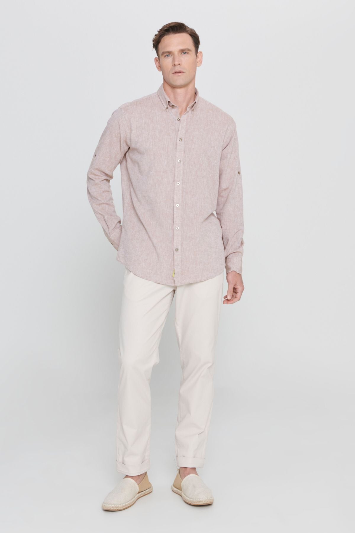 Men's Camel Linen Comfort Fit Casual Cutting Buttoned Neck Casual Shirt