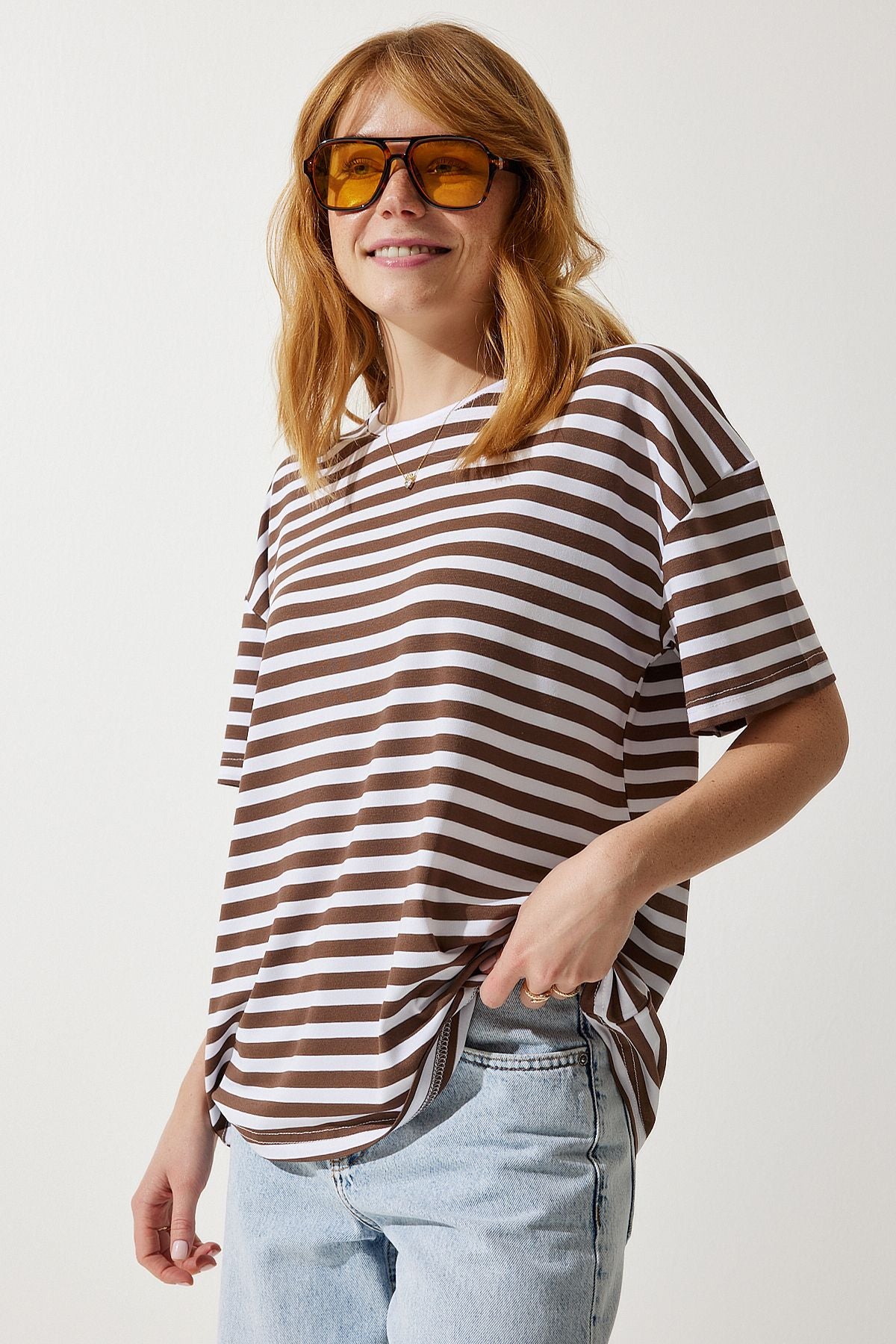 Woman Brown Bicycle Collar Striped Oversize knitting T-shirt EN00609