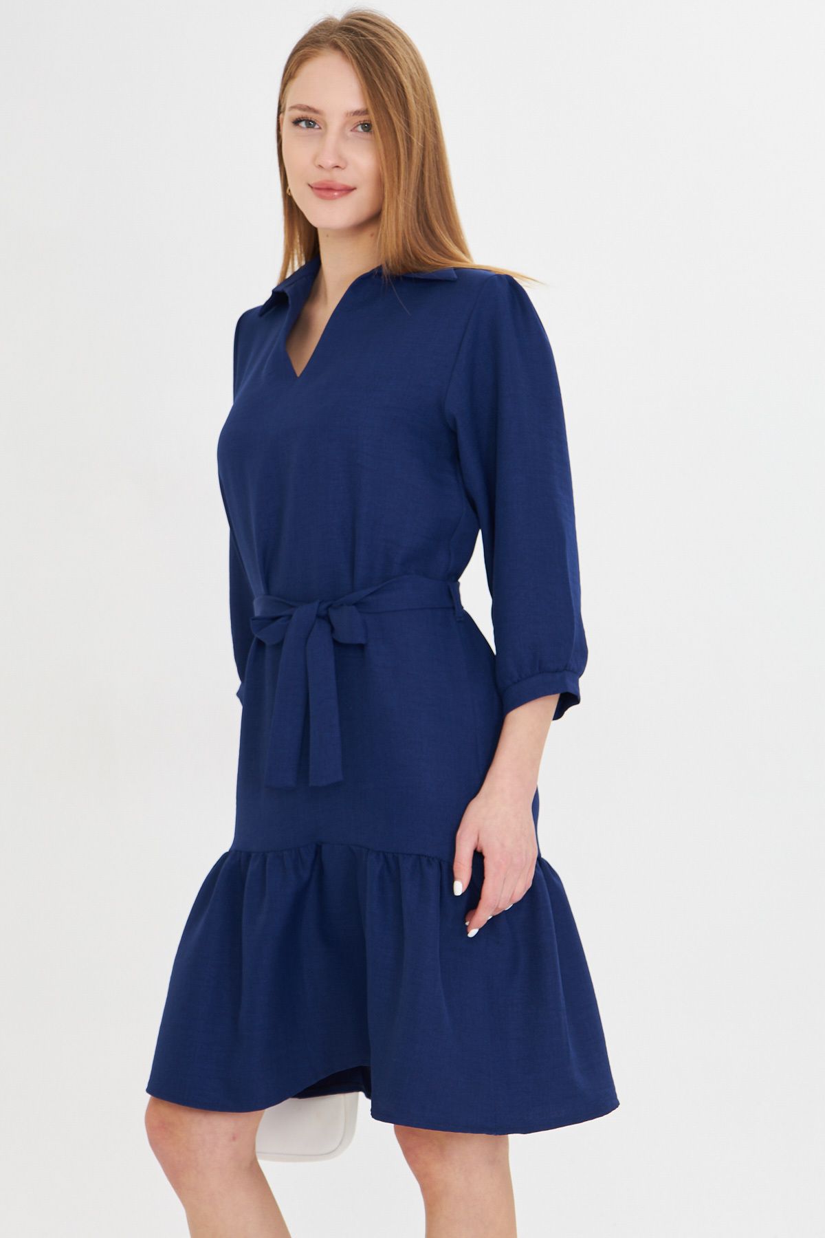 Female navy blue shirt collar quarter arm waist belt skirt shirred dress ARM-25Y001010