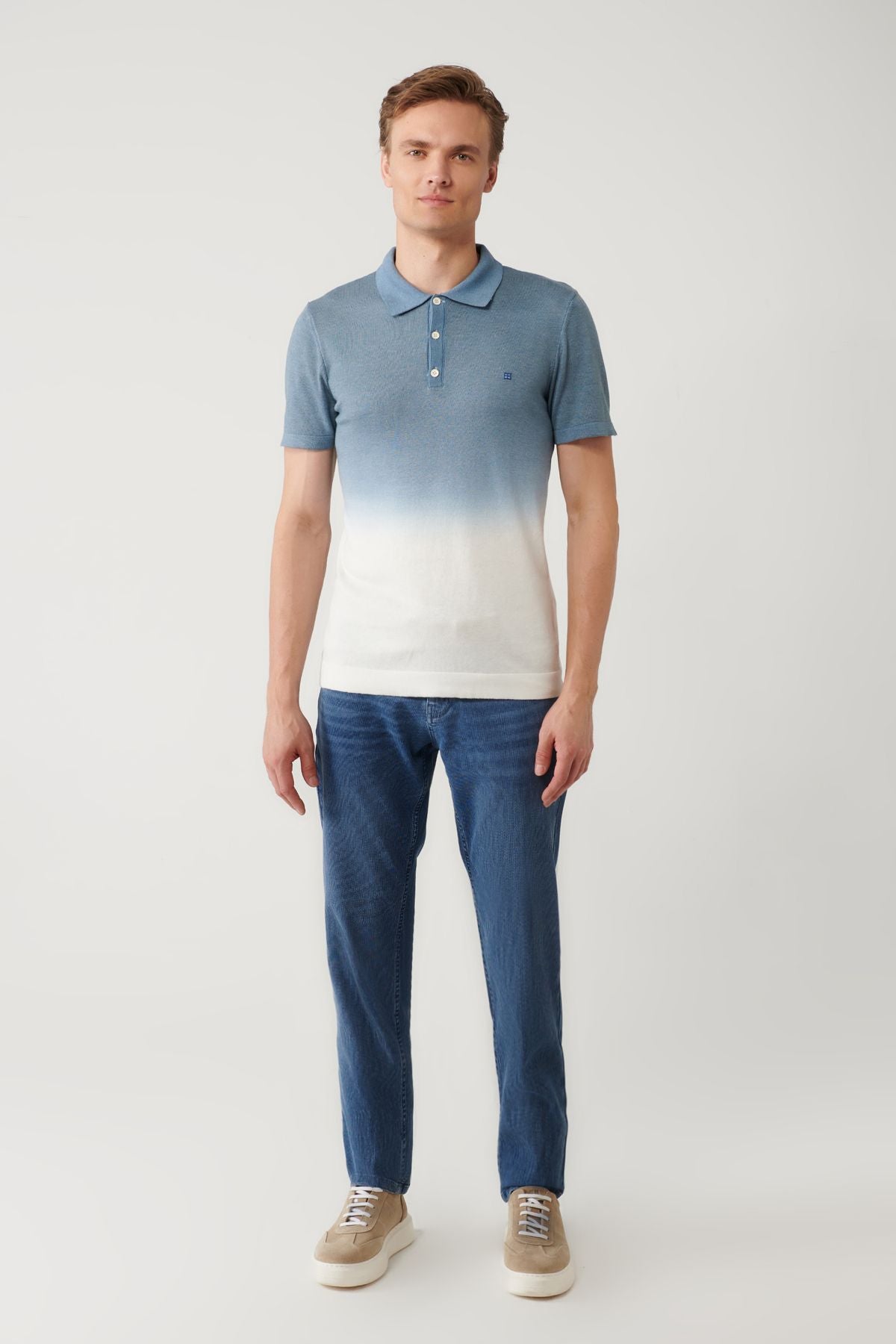 Erkek Indigo 3 Düğmeli Garment Dyed Polo Yaka Trico T-Shirt A41Y5068
