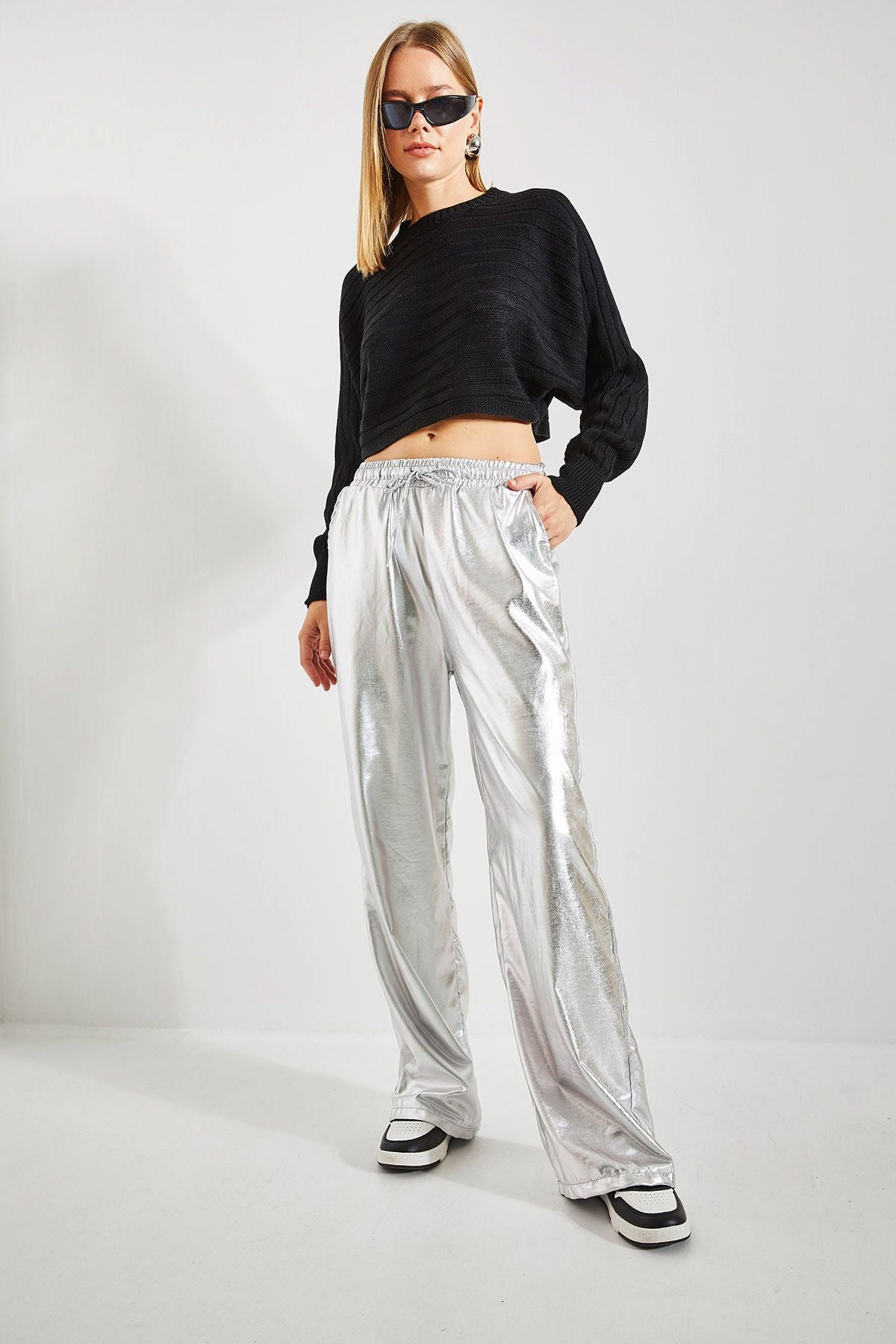 Women's waist rubber palazzo metallic coated pants