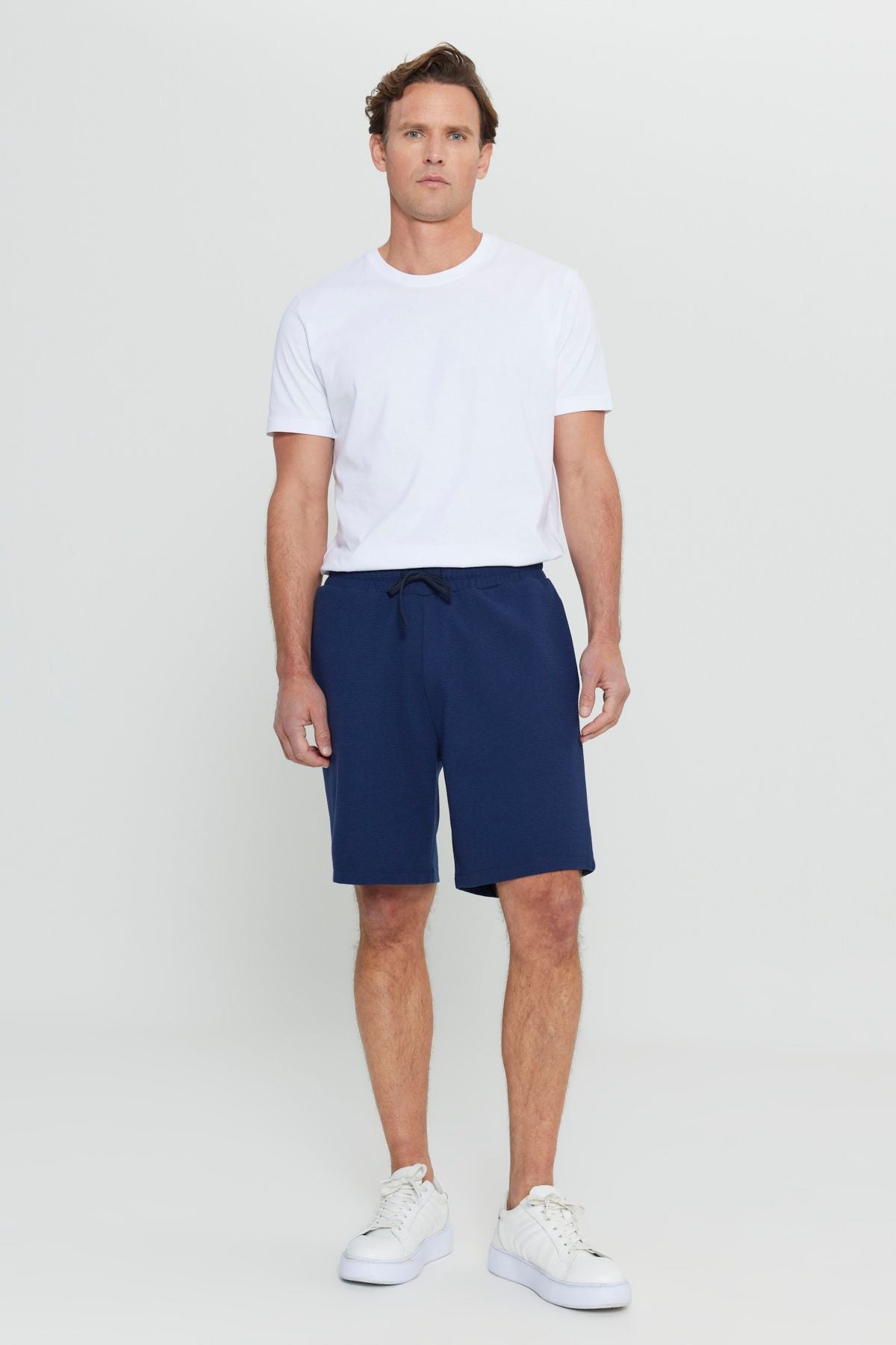 Men's navy blue cotton standard Fit Normal Cut Normal Cutting Waist Located Side Pocket Knitting Shorts