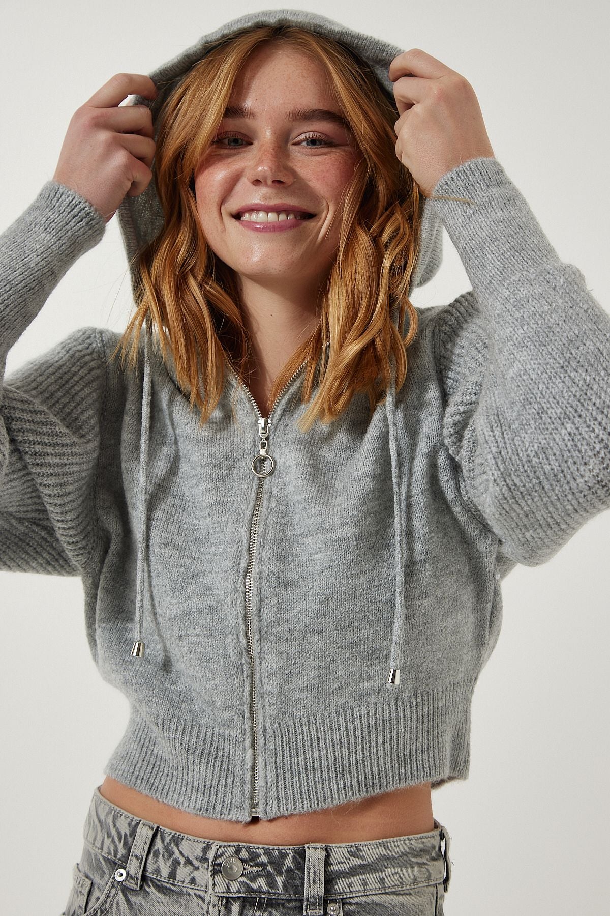 Female Gray Hooded Zipper Triko Cardigan YY00203