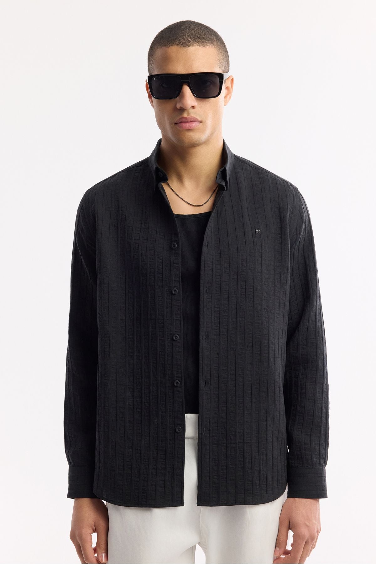 Men's black bottom Britli collar striped Comfort Fit Long Sleeve Shirt A51y2012