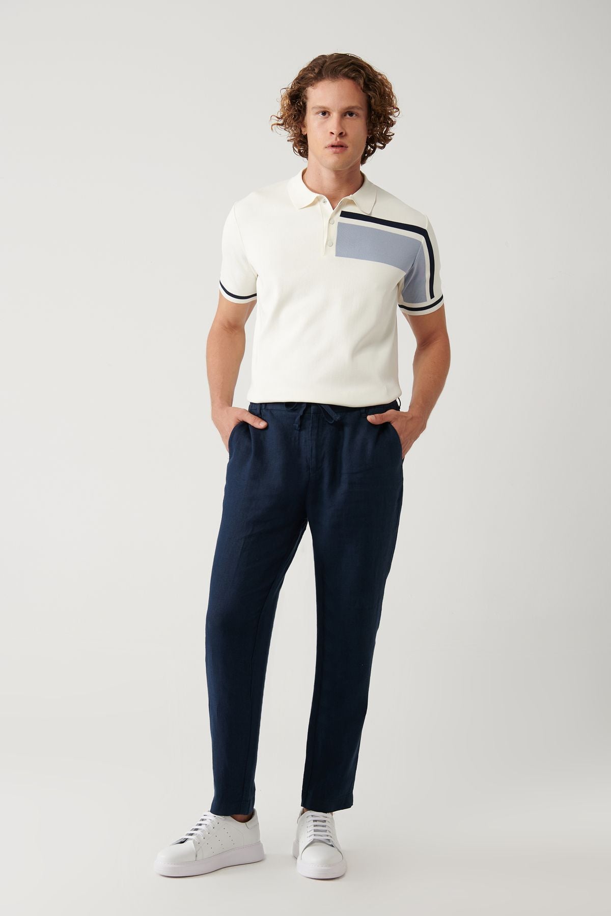 Men's Navy Blue Waist Wa Liner 100 %Linen Pants B003032