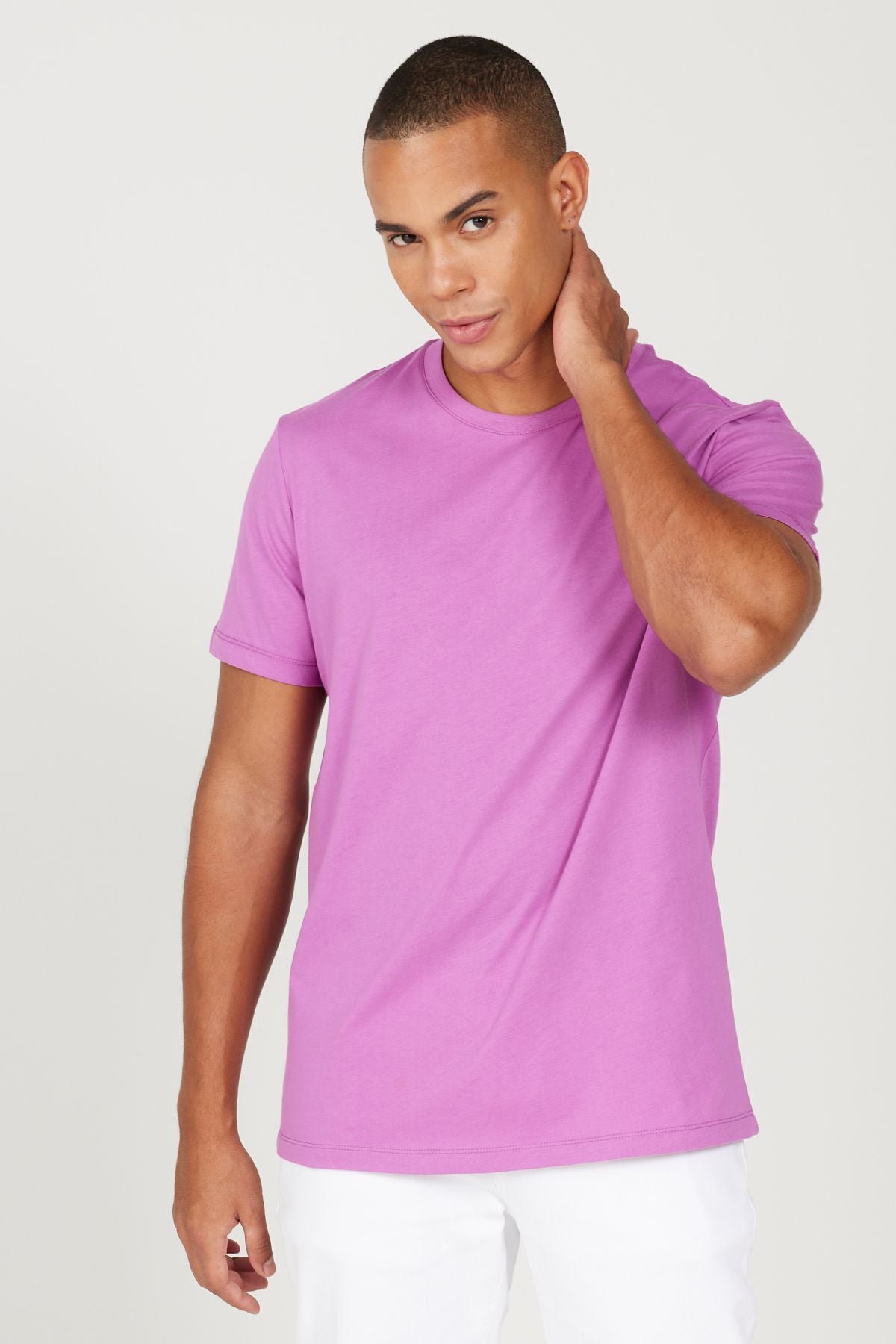 Men's purple slim fit narrow cut 100 %cotton bike collar Basic T -shirt