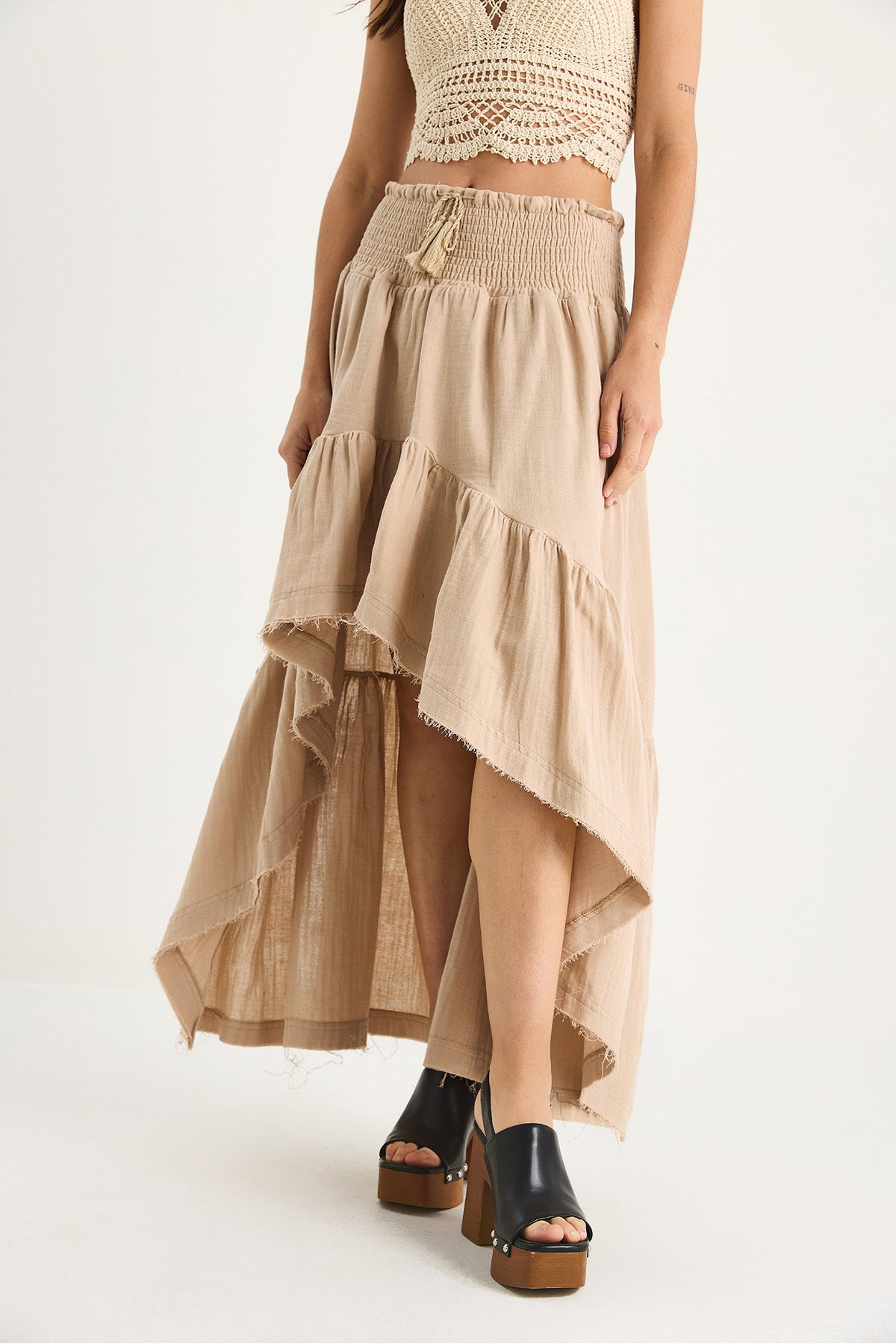 Women's Short Front Long Back Waist Gimped Lined Flounce Muslin Skirt 25S1-3001 60283411