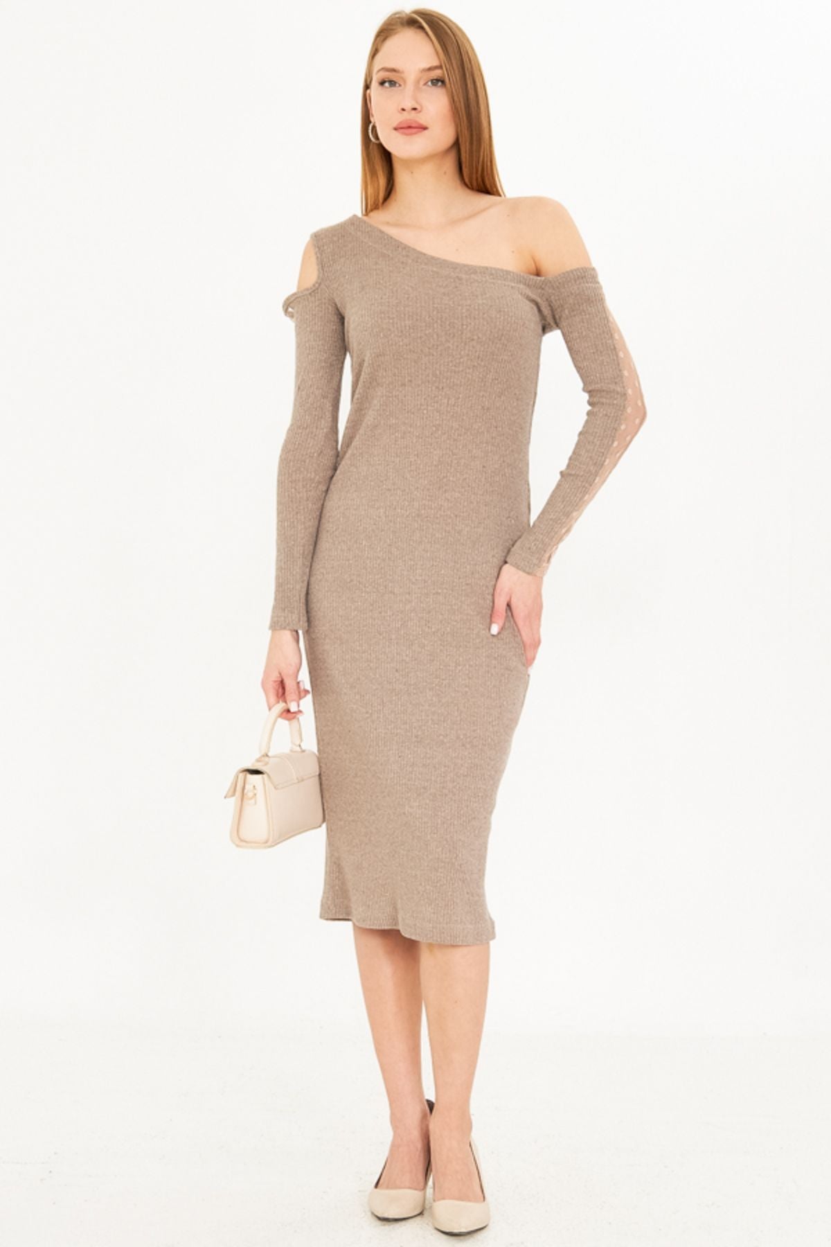 Female Beige asymmetric collar arm tulle slit with midi midi size dress ARM-25K001081