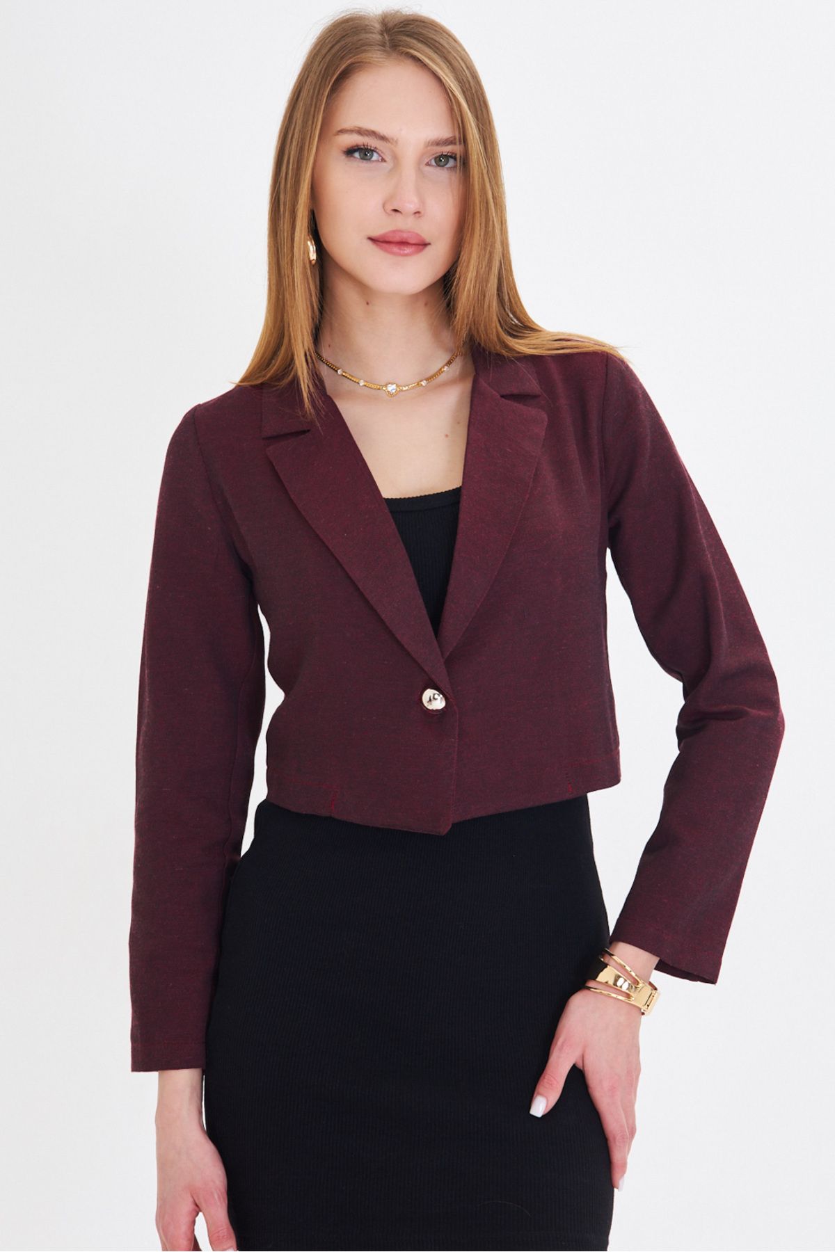 Women's Bordeaux Single button Crop jacket ARM-23Y001064