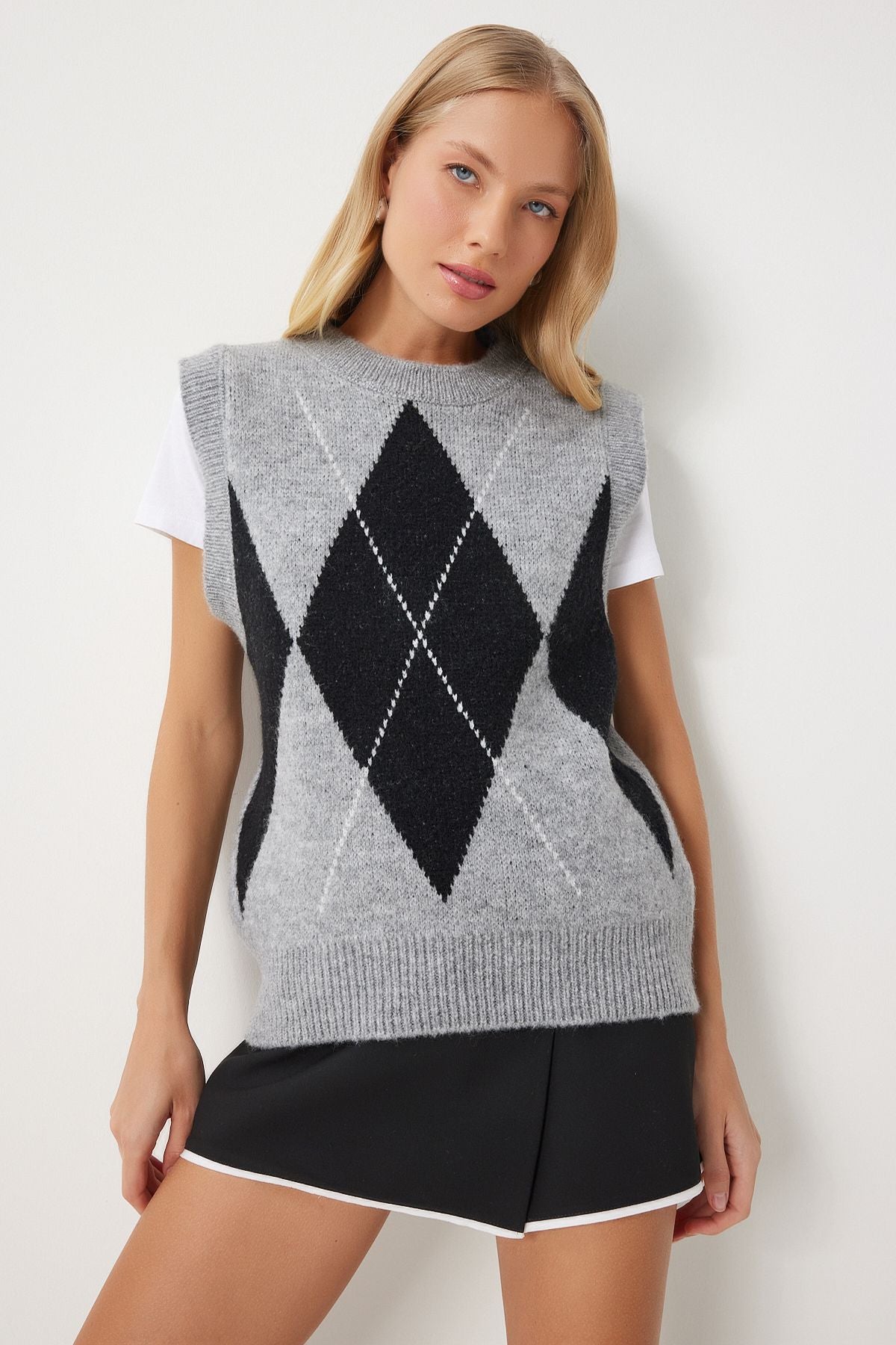 Women's Gray Baklava Patterned Triko Süveter AN00211