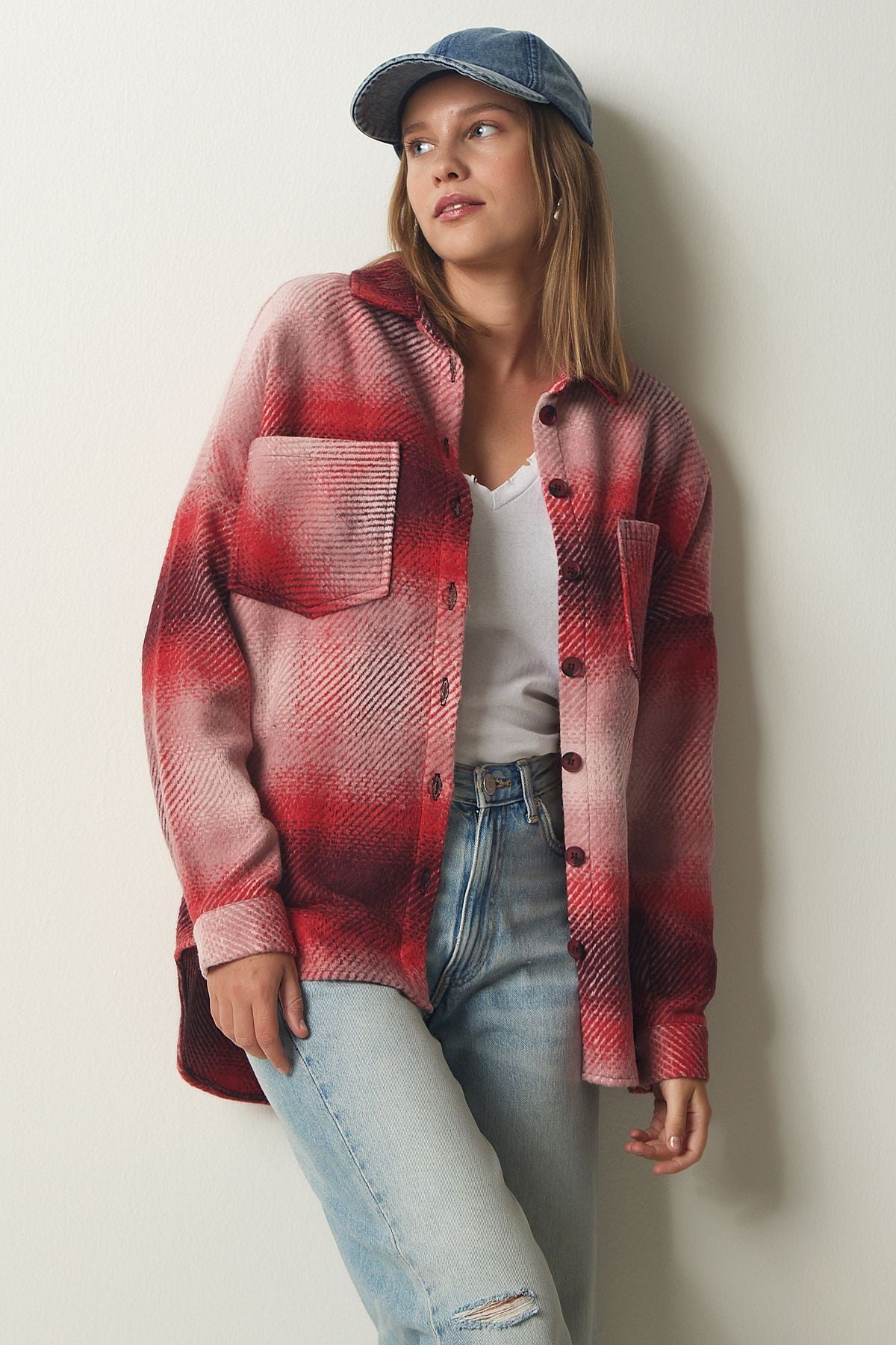 Woman Red Woody Oversize Stamp Shirt Jacket TU00035