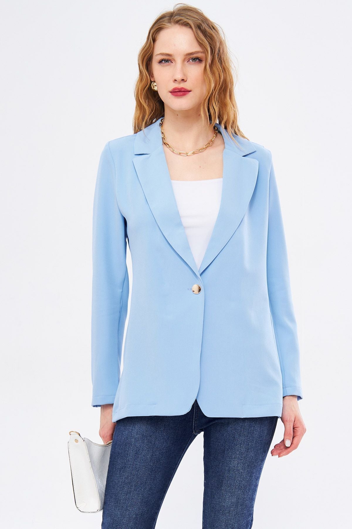 Woman Baby Blue Single Button Blazer Jacket ARM-20K001020