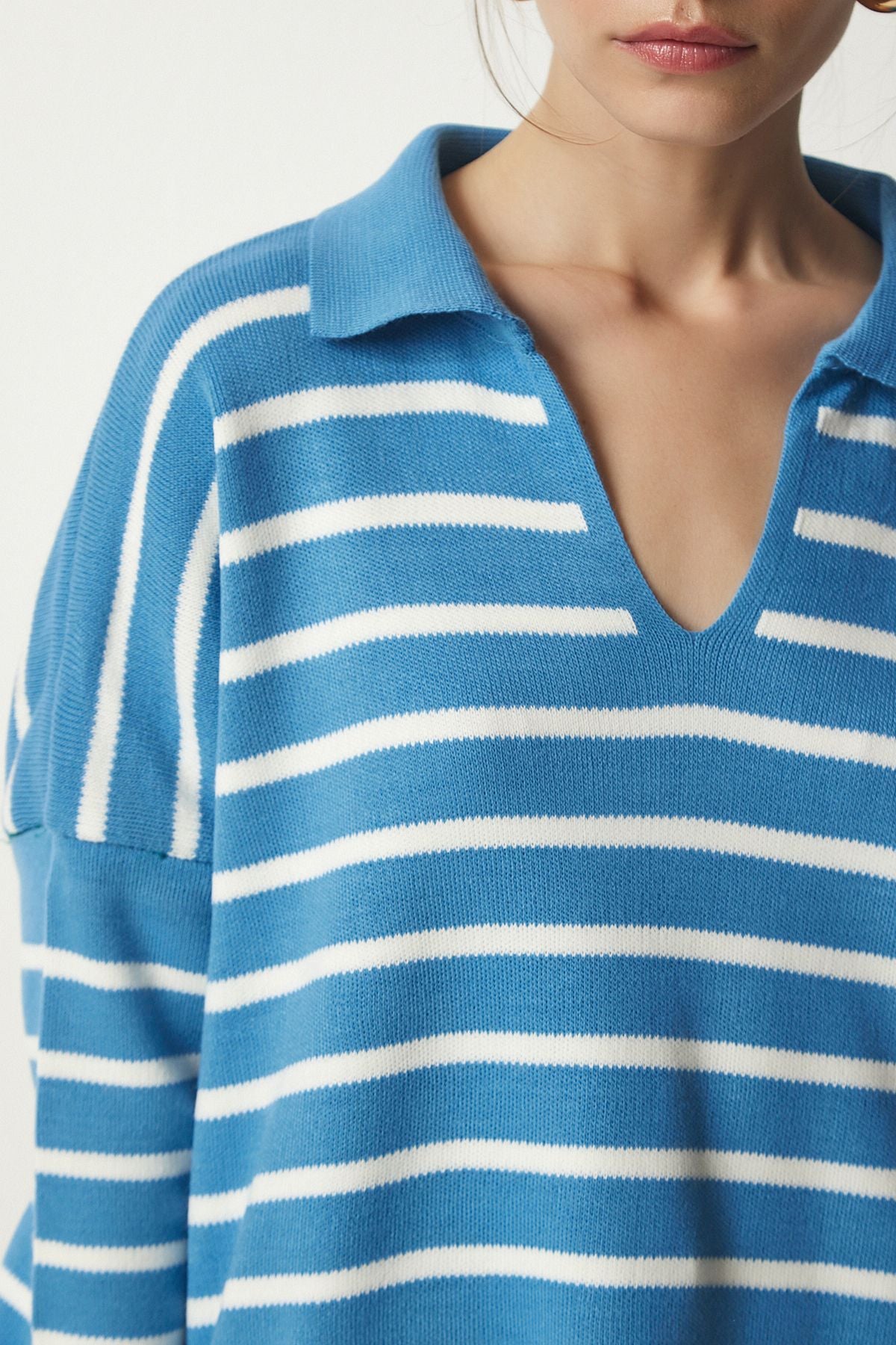 Woman Sky Blue Polo Yaka Crop Knitwear sweater US00293