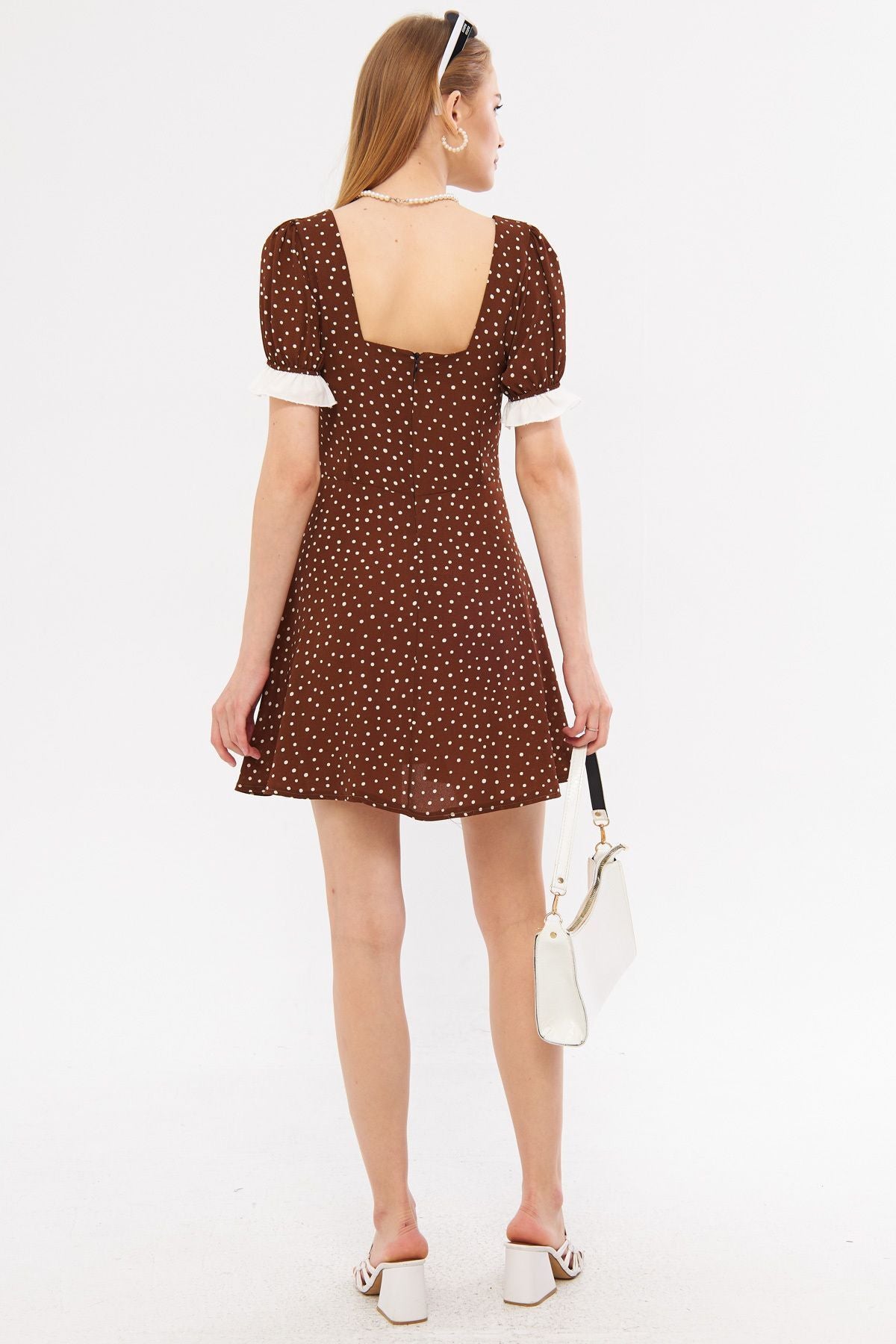 Female Coffee Front Rear Square Ruffle Detail Drthm Watermelon Watermelon Kloş Mini Dress ARM-24Y001051