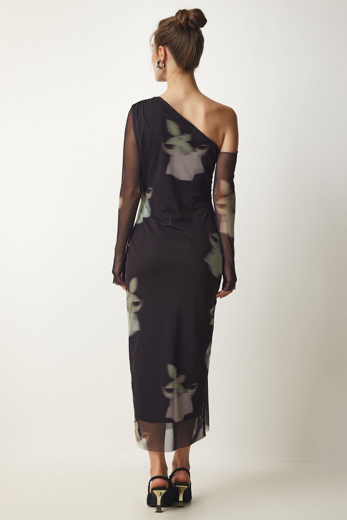 Woman Black One Shoulder Patterned Chiffon Dress DP00192