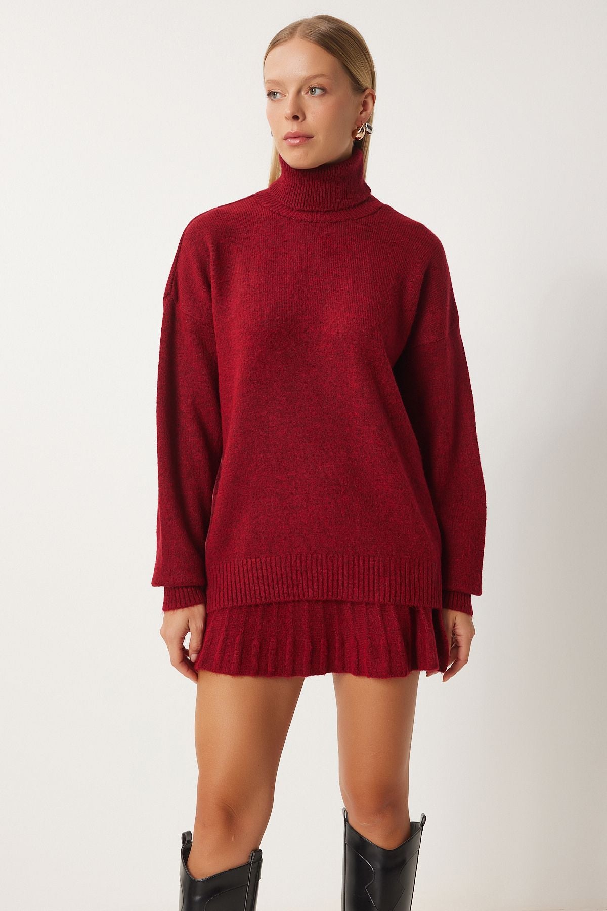 Female Bordeaux Fisherman Neck Knitwear Skin Skirt Set DD01343