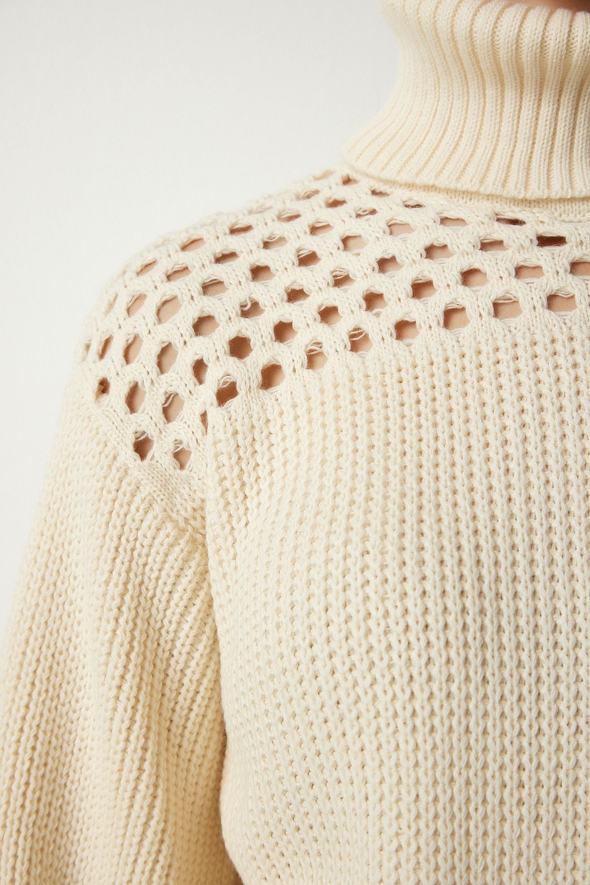 Women's cream fisherman collar openwork knitwear sweater CI00090