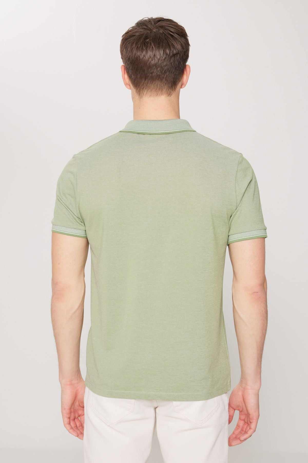 Men -Plugging Cotton Fabric Slim Fit Narrow Cut Green Curlled Polo Yaka T -shirt