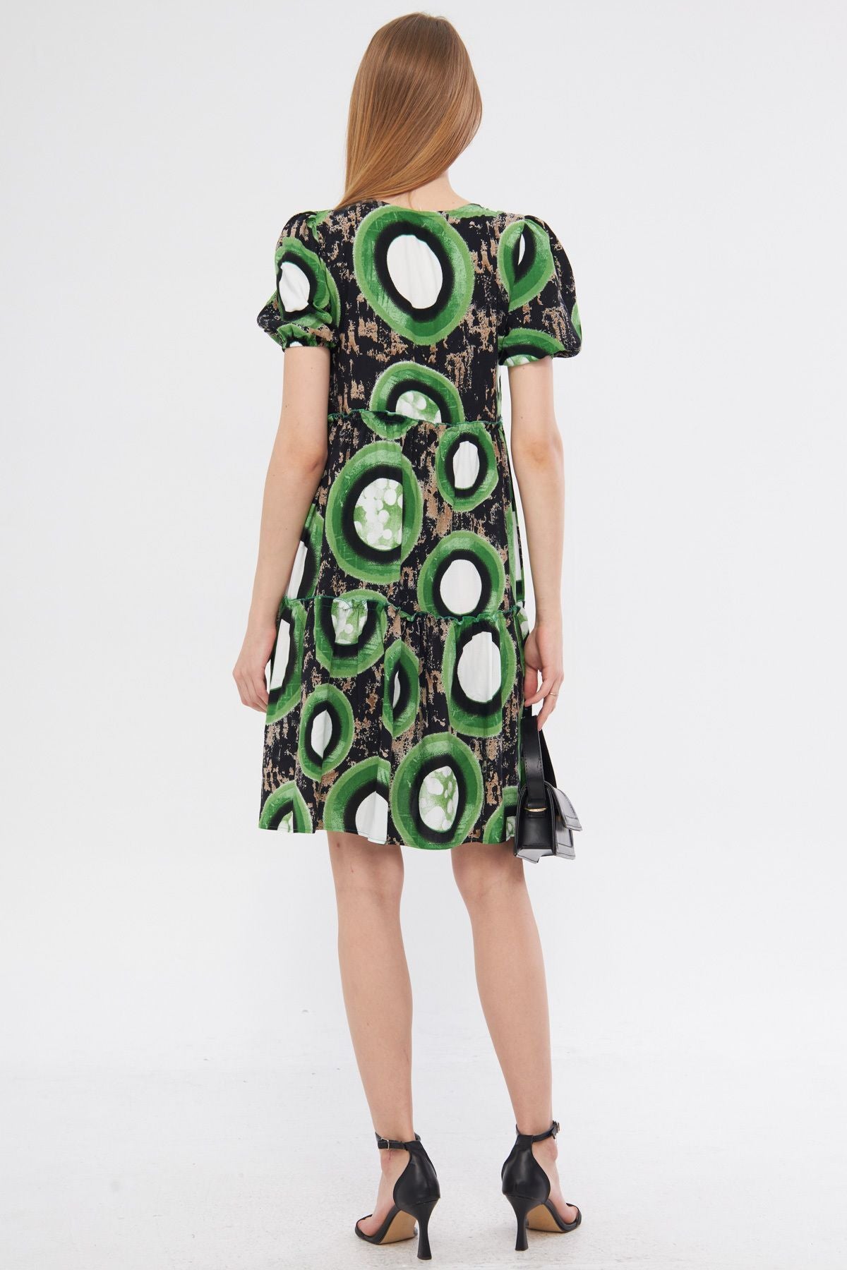 Female peanut green V-neck short arm patterned frilly dress ARM-24Y001014