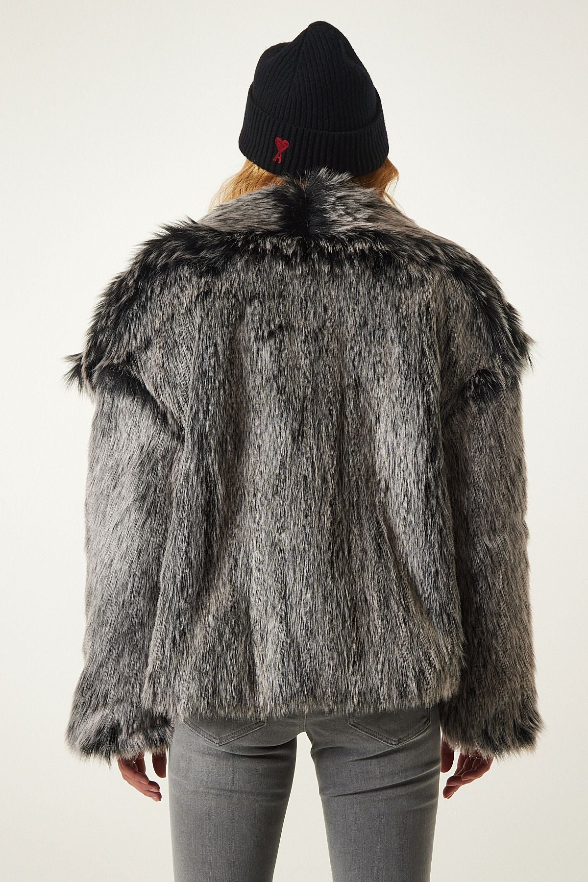 Gray Premium wide collar artificial fur jacket FN03169