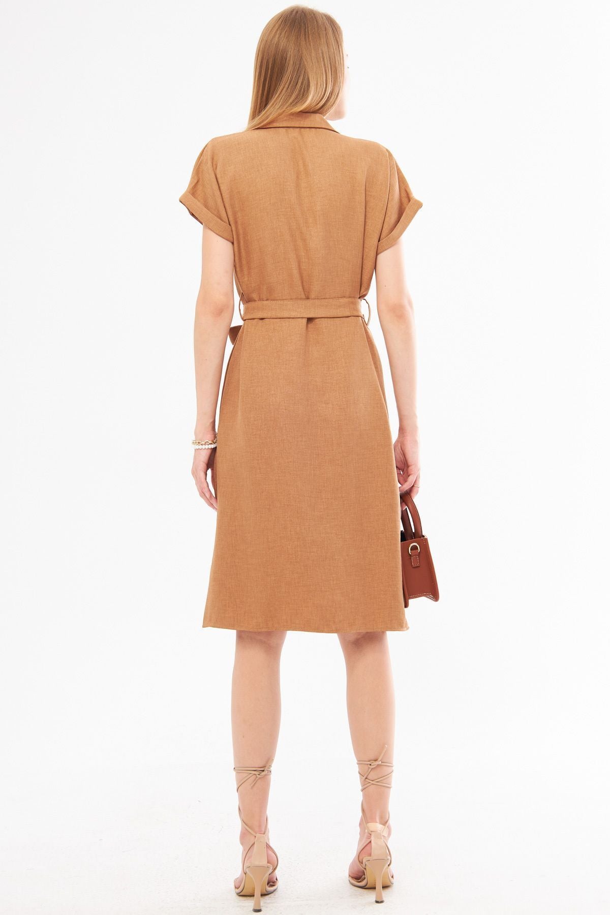 Woman Light Brown Linen Looking Waist Belt Short Sleeve Shirt Dress ARM-24Y001084