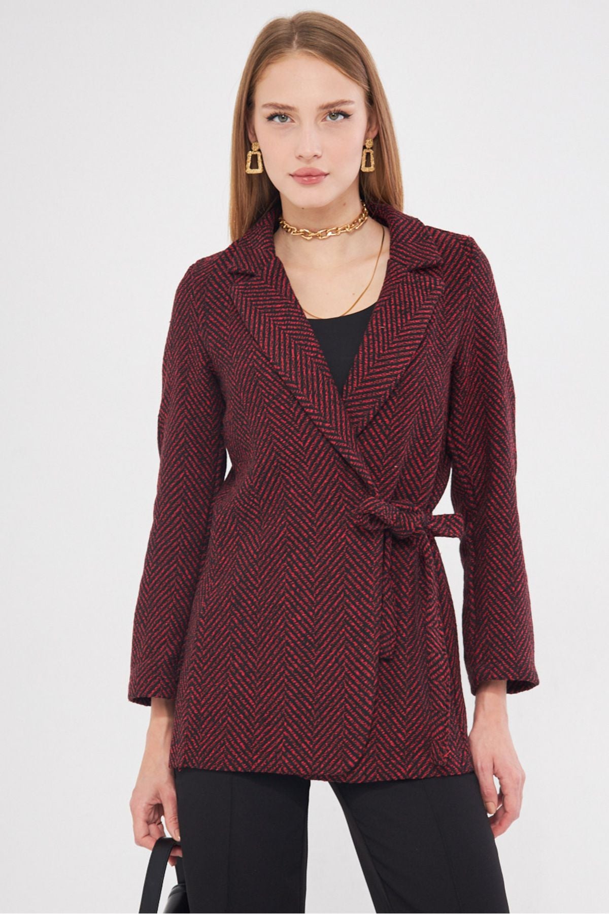 Female Bordeaux Side Fish Tie Patterned Stamp Jacket ARM-25K001019
