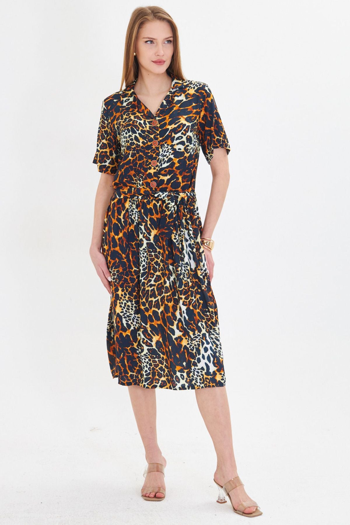Female Orange front buttoned waist shirred belt midi size dress ARM-24Y001068