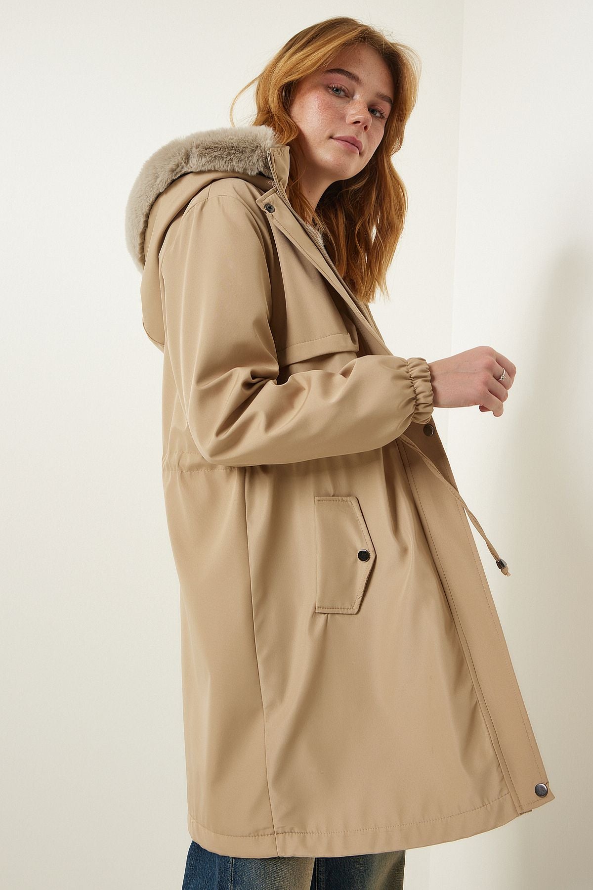 Fur furry coat with a woman beige hooded DD01292