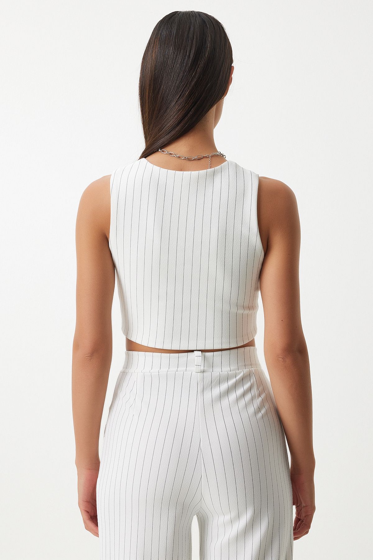 Woman White Fine striped knitted vest pants set Mc00287