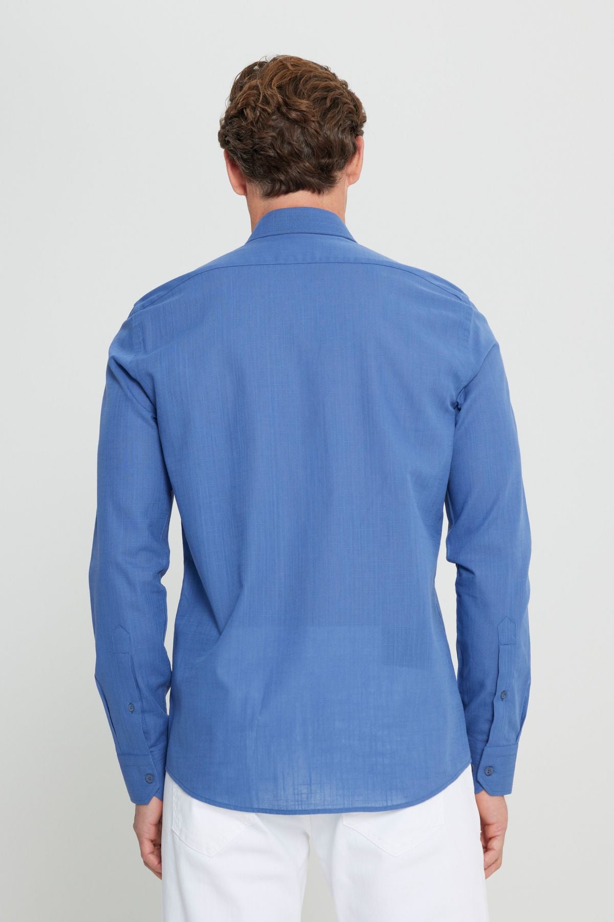 Men's Indigo 100 %Cotton Breathing Fabric Flamle Oxford Slim Fit Fit Narrow Cutting Buttoned Neck Shirt