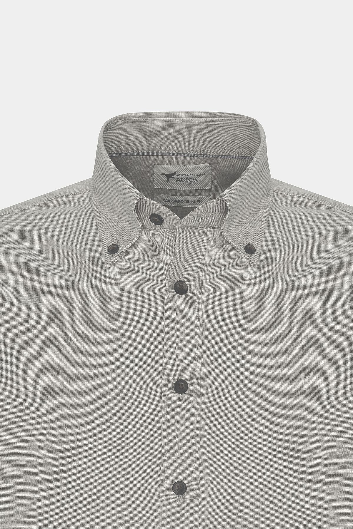 Men's Khaki Slim Fit Narrow Cutting Buttoned Cotton Cotton Oxford Shirt