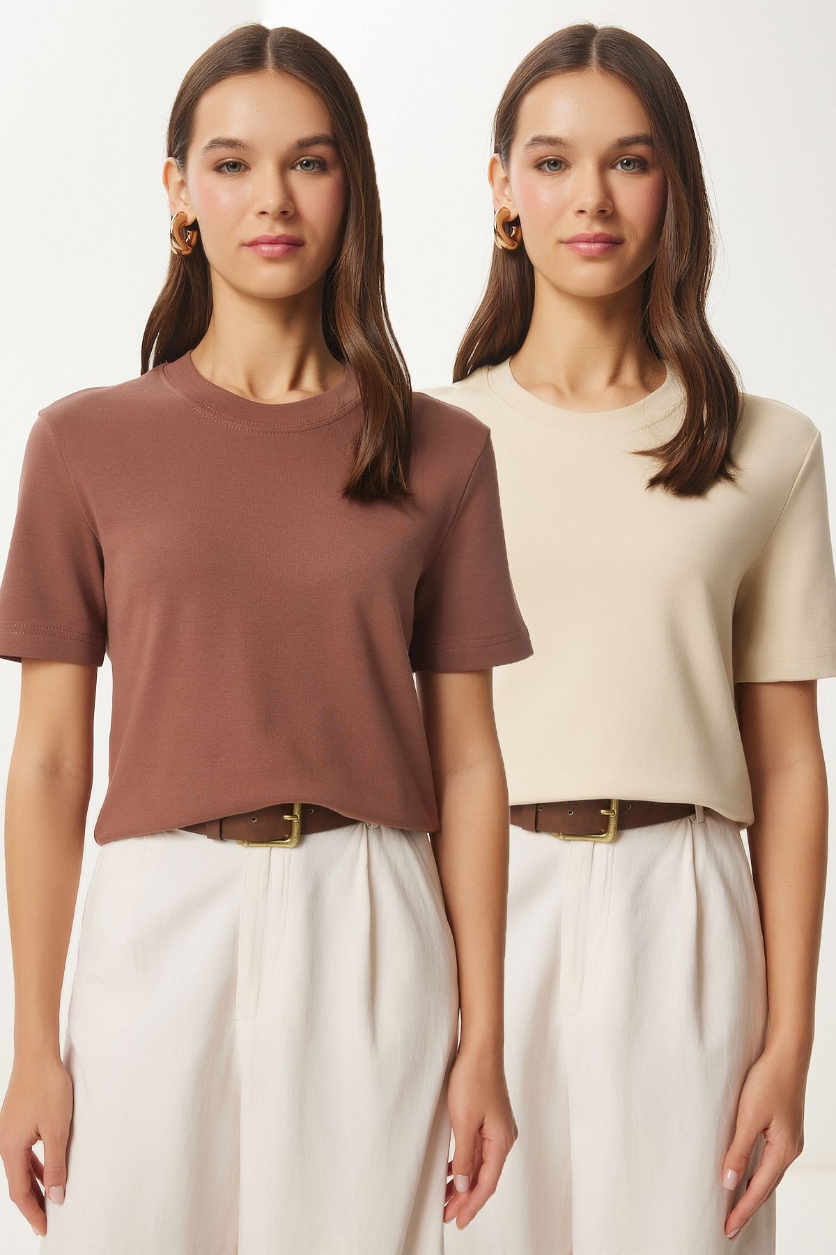 Female Brown Biscuit 2 Pack Cotton Basic Knitting T-Shirt AG00002