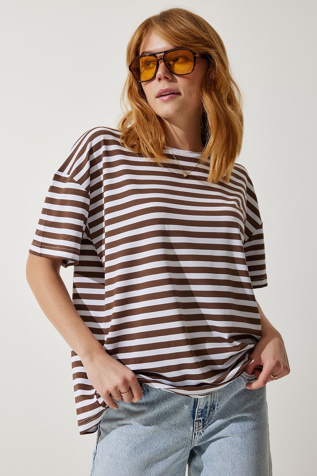 Woman Brown Bicycle Collar Striped Oversize knitting T-shirt EN00609