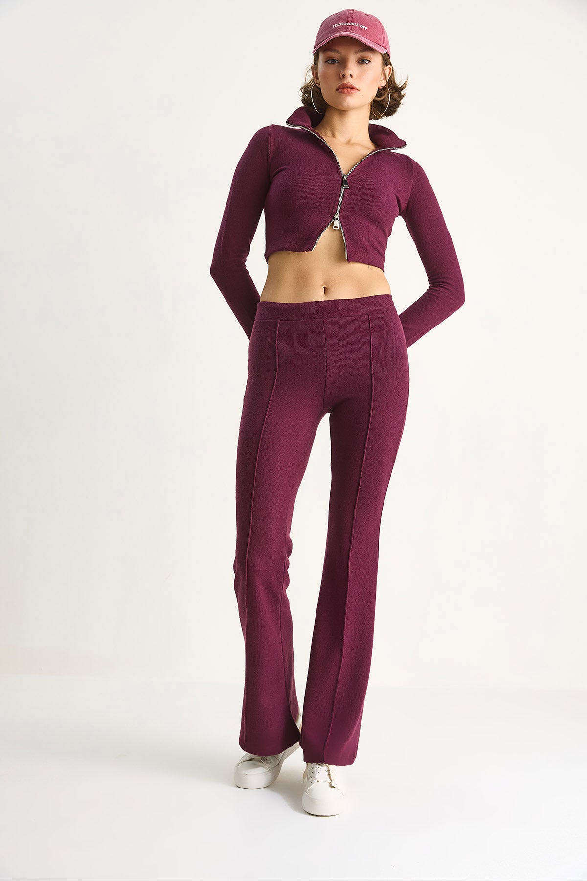 Women's Corduroy Knitted Fabric Double Zipper Detailed Turtleneck Bottom-Top Suit 2421 60284063