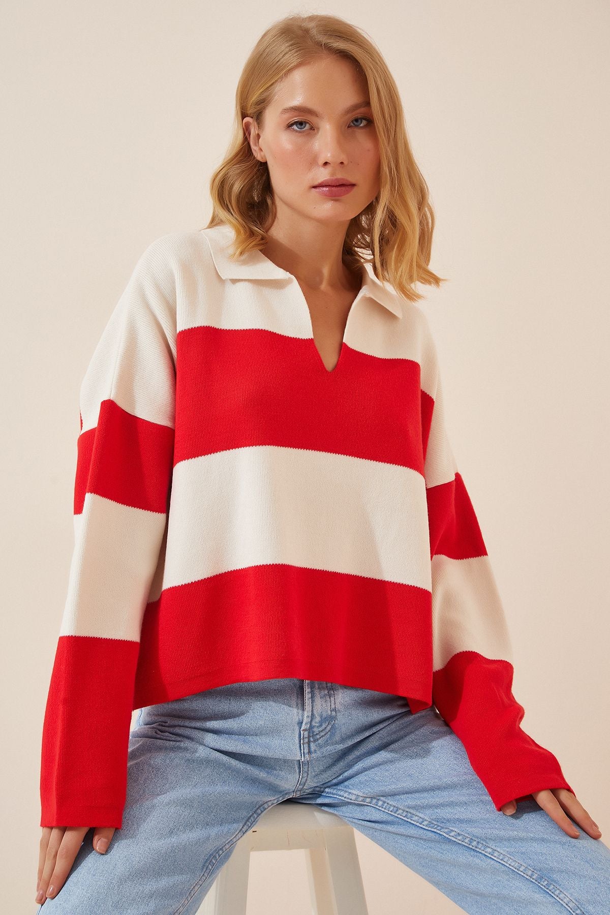 Woman Red White Polo Yaka Oversize Crop Knitwear sweater US00685