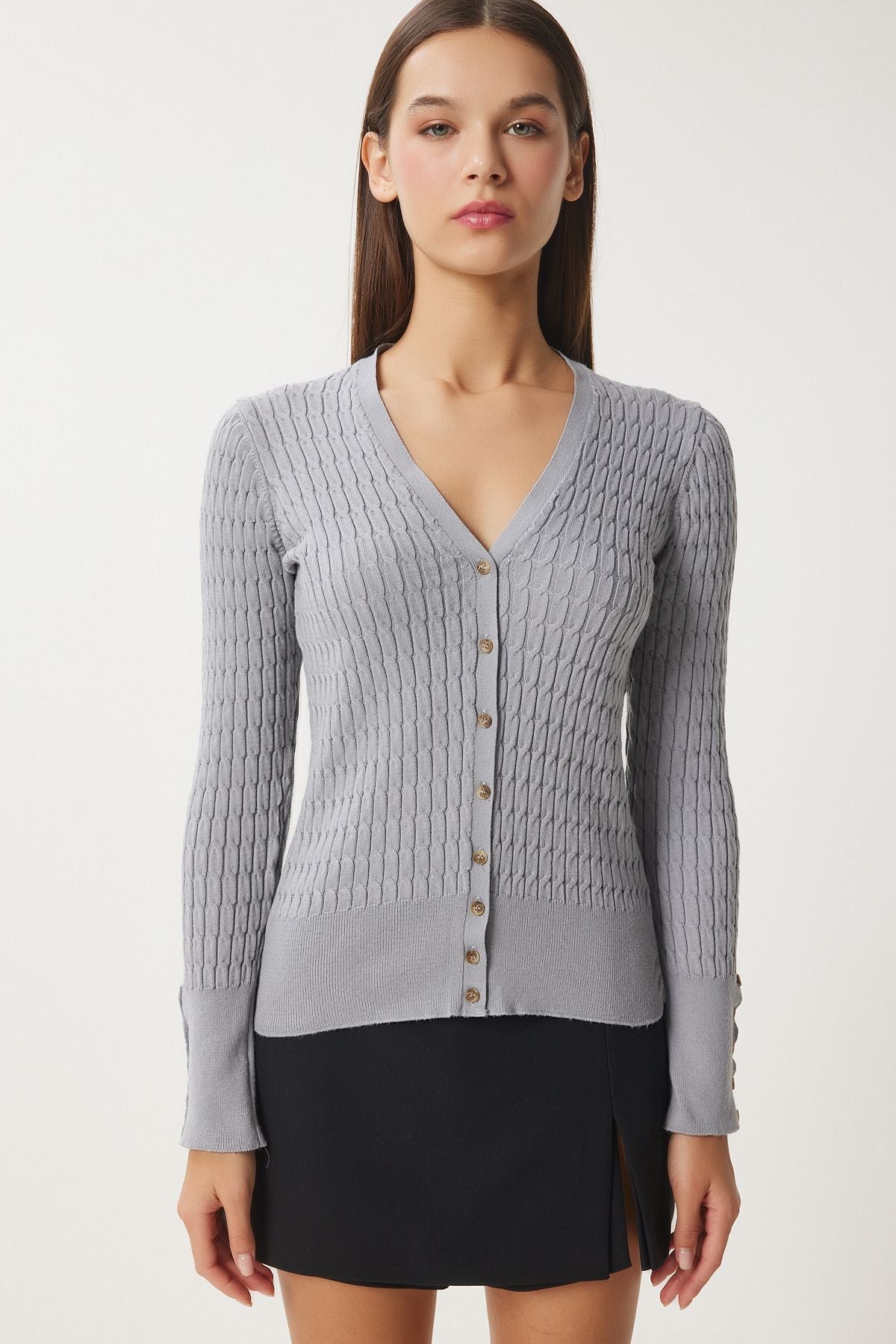 Women's Gray Thessaloniki Knitting Detailed Triko Cardigan FN03399
